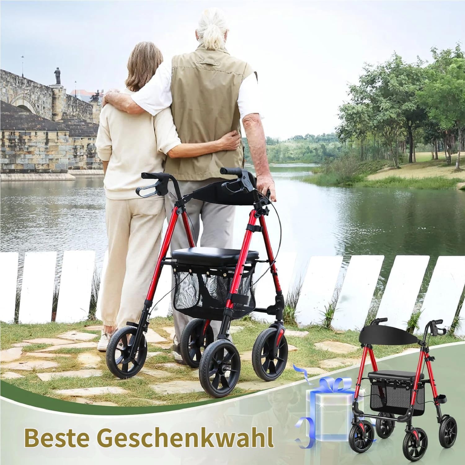 WALK MATE Rollator Faltbar und Leicht mit Sitz,bis 159kg belastbar | Rollator für die Wohnung Outdoor mit Rutschfeste Räder,höhenverstellbare Gehhilfe aus Aluminium inkl.Tasche und Stockhalter
