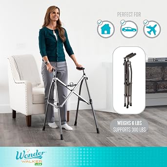 Stander Wonder Walker Lite Short, Lightweight Junior Folding Mobility Aid for Petite Adults, Seniors, and Elderly, Collapsible Travel Assistant with Rubber Feet for Support, Black Walnut