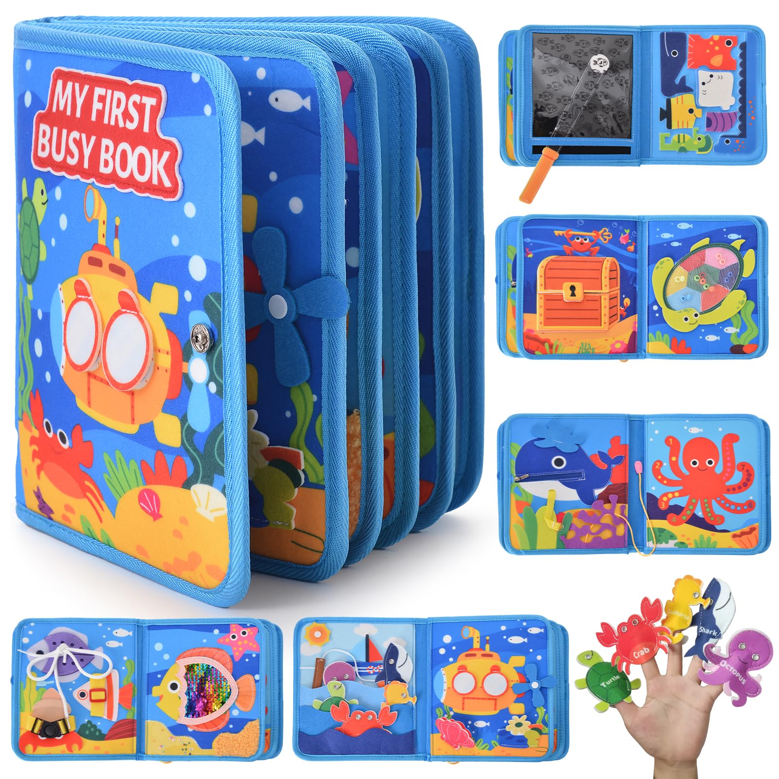 AIGOCITY Busy Board Montessori Toy for 1 Year,Busy Book with 3D Sea Theme,10-in-1 Quiet Book for Early Education,Activity Board Gift Toy for 1 2 3 4 5 Years Girls Boys