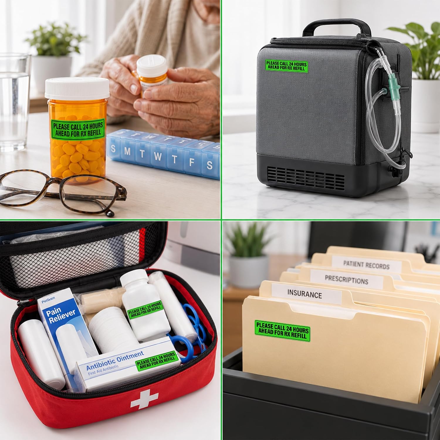 Please Call 24 Hours Ahead for RX Refill Lable/Sticker 0.39"x1.63" | 1000 Pcs Prescription Refill Reminder Labels, Green Adhesive Waterproof Vinyl Stickers for Pharmacy, Veterinary Clinics