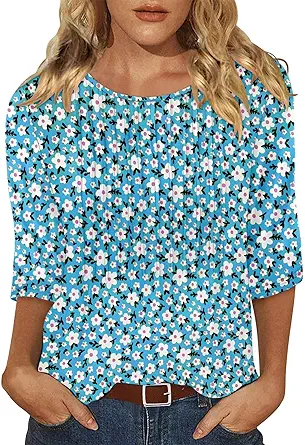 KISSMODA Tunic Tops for Women Loose Fit Dressy Round Neck Pleated 3/4 Length Sleeve Spring Tops