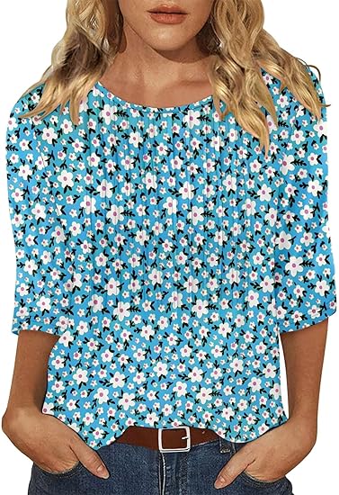 KISSMODA Tunic Tops for Women Loose Fit Dressy Round Neck Pleated 3/4 Length Sleeve Spring Tops