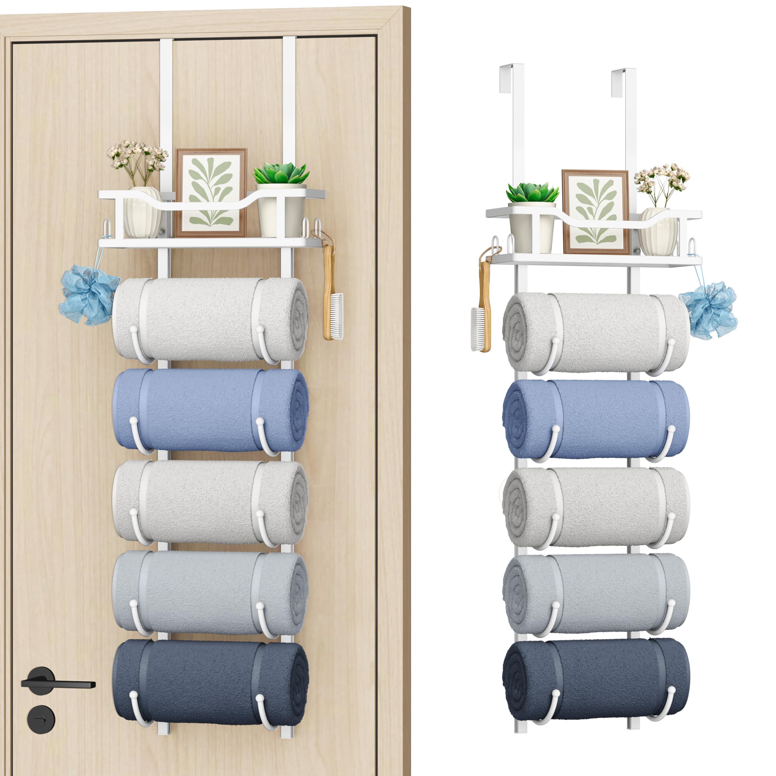 SWTYMIKI Over Door Towel Rail - 6 Tier Towel Racks for Bathroom Wall Mounted, Towel Holder with Shelf, Hanging Rolled Towel Storage Organizer for Small Bathroom, Camper, RV, White