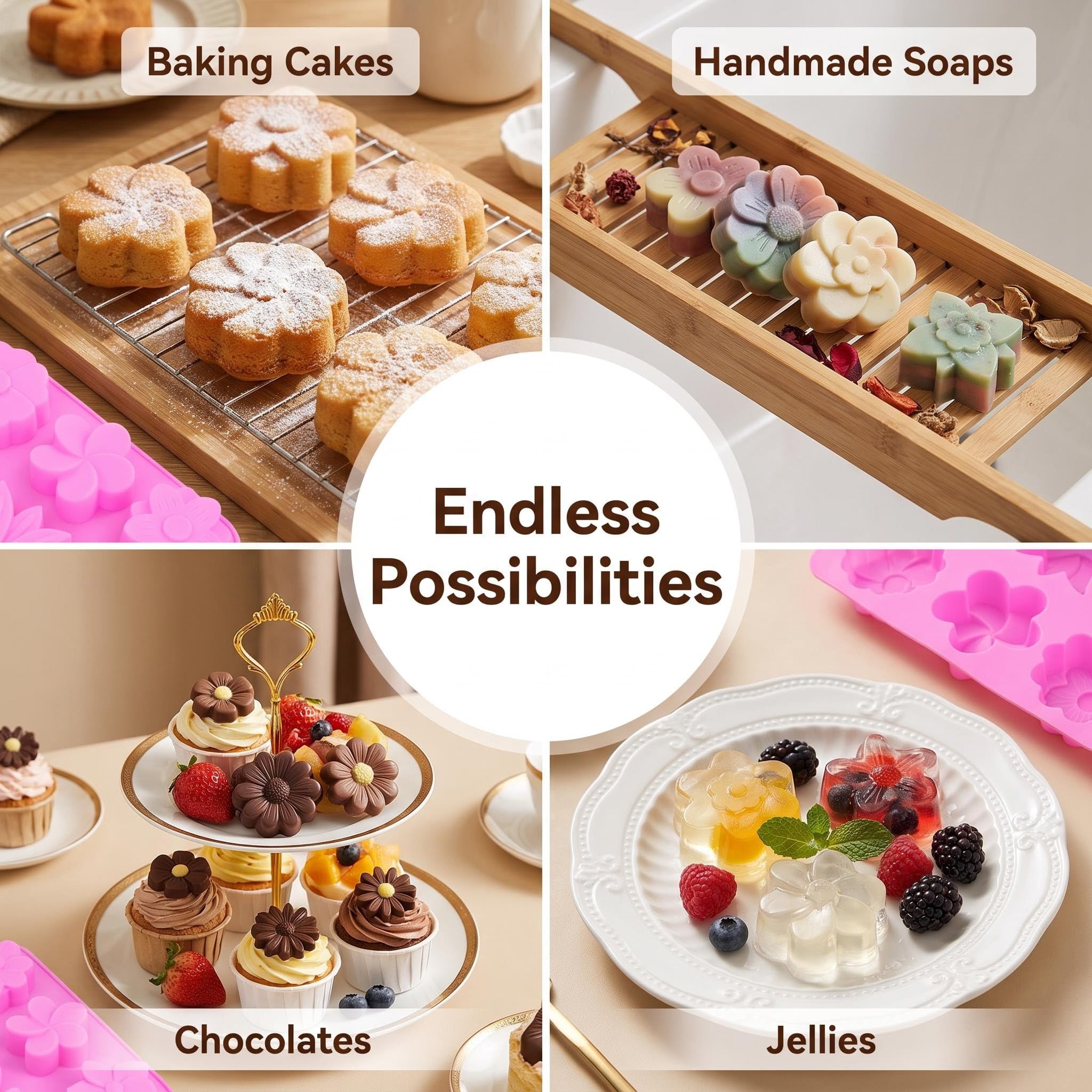 2 paquetes de moldes de silicona de 6 cavidades para flores surtidas, moldes de jabón de flores de silicona mixtos, moldes de jabón para manualidades, chocolate, galletas, pasteles, magdalenas,