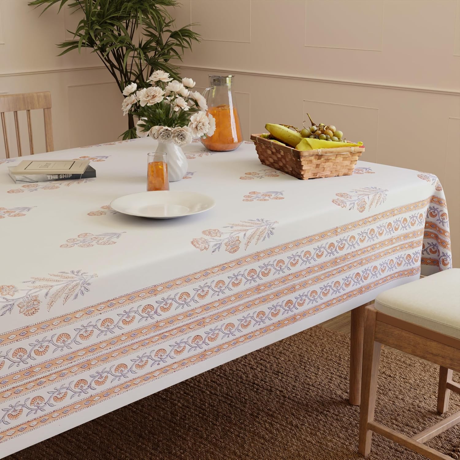 Encasa XO Rectangular Tablecloth 60"x90" 7.5 ft Rosebush Jaipuri Block Print Cotton Dining Table Cloth | Handcrafted Floral tablecloths – Machine Washable for Indoor, Outdoor, Everyday Use
