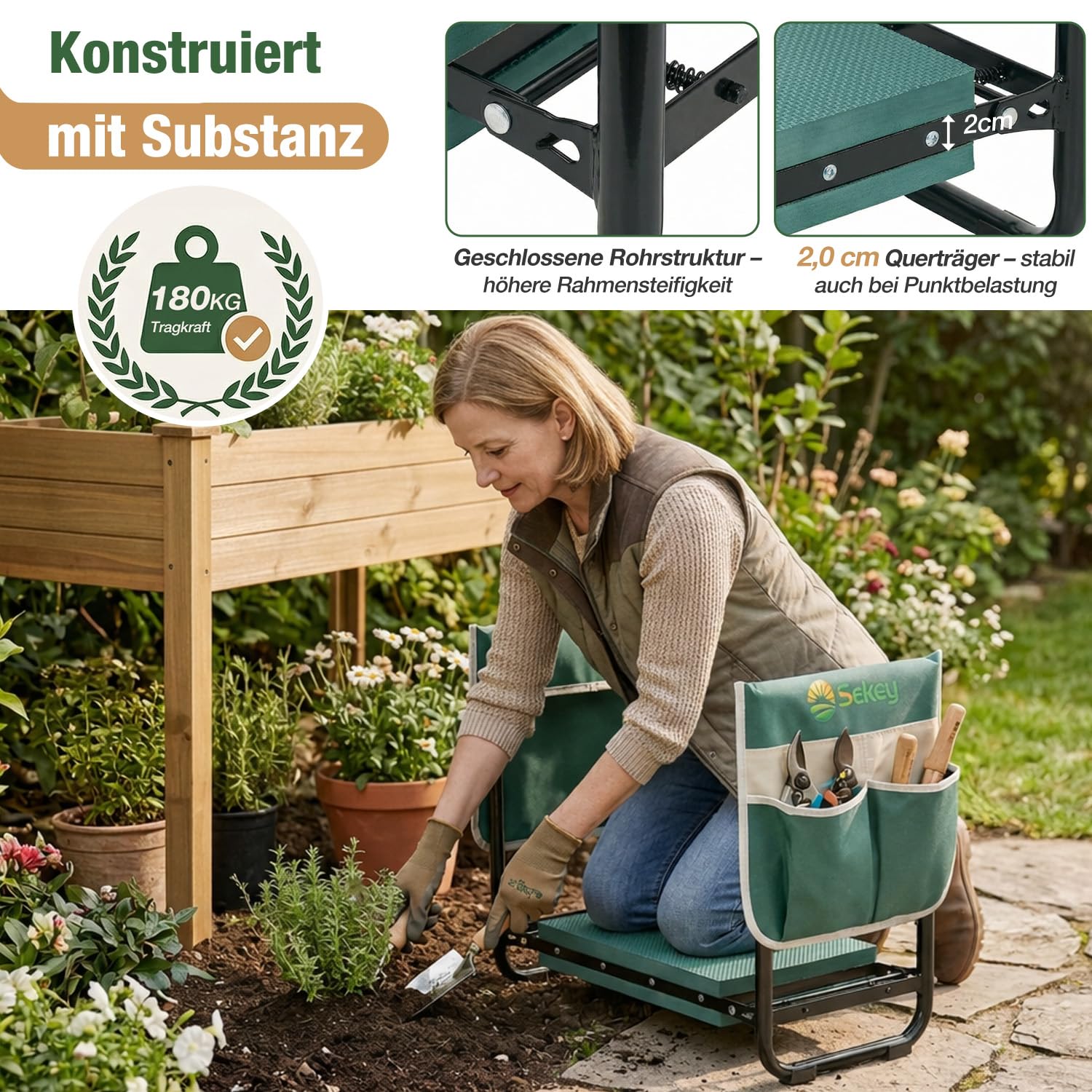 Sekey Kniebank für Gartenarbeit, höhenverstellbar klappbar, bis 180kg