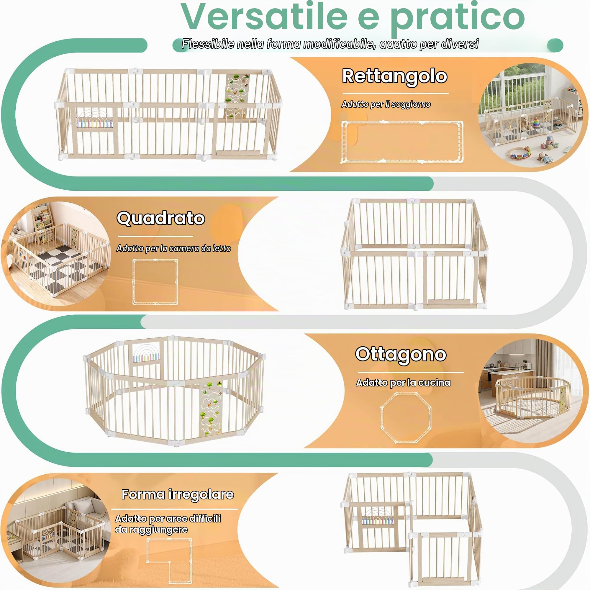 UISEBRT Box XXL per bambini in legno con 2 centri di gioco, dimensioni e forma regolabili, con doppio fusibile, pieghevole, 8 elementi, con materasso