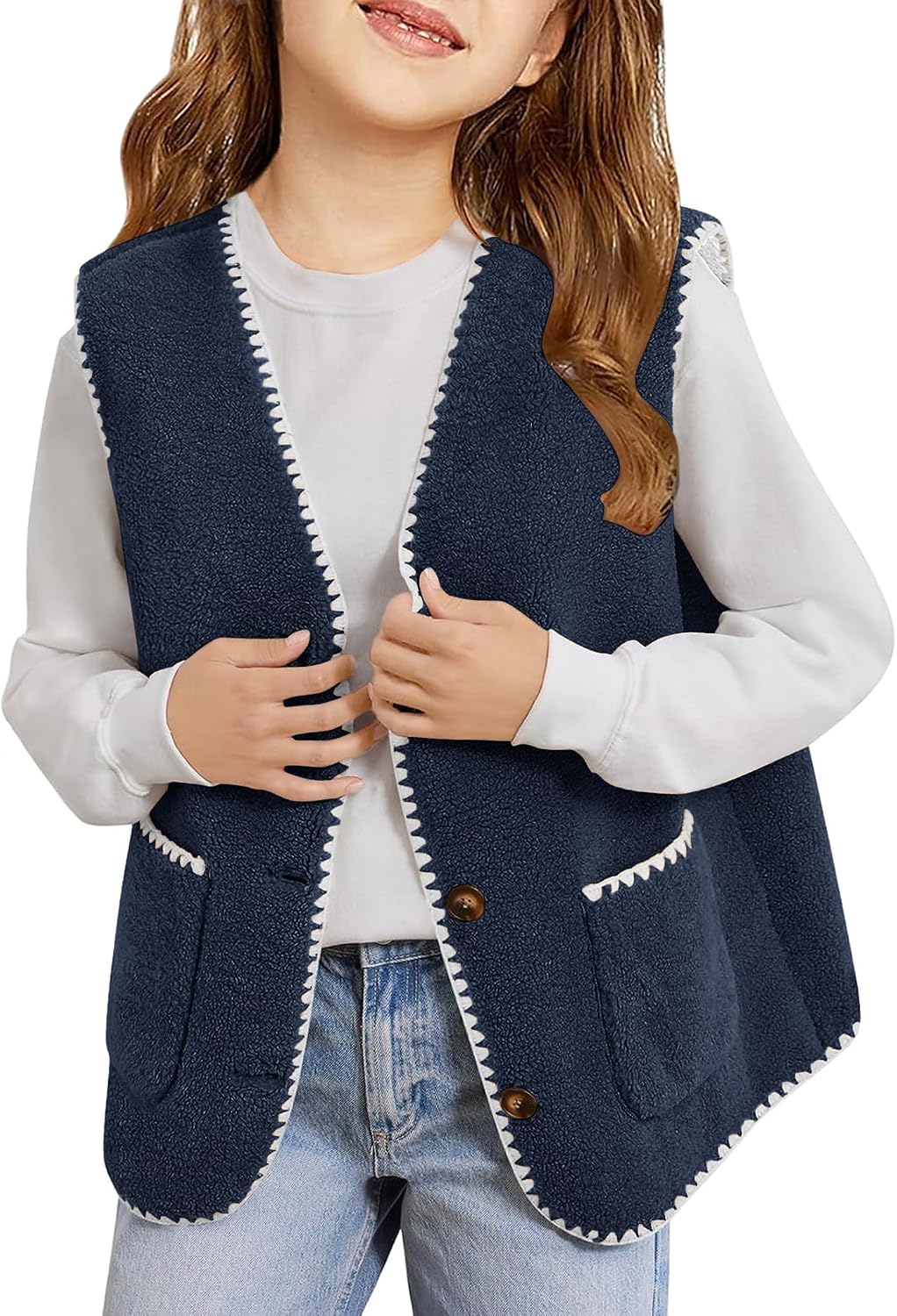 Minclouse Girls Fleece Vest Sleeveless Button Down Sherpa Jacket Cute Color Block Outerwear with Pockets for Toddler & Kids