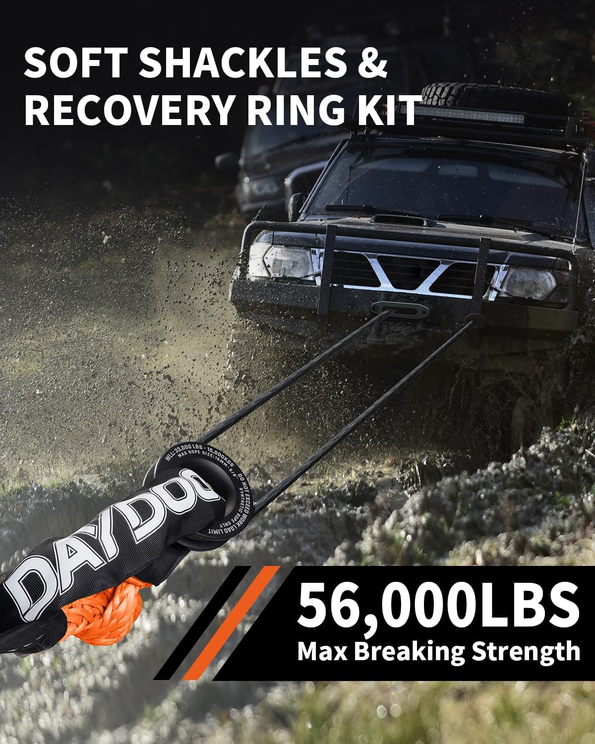 DAYDOOR 56,000 LBS Soft Shackle Recovery Kit, 1/2" x 22" (2-Pack) with 7075 Aluminum Snatch Ring, Winch Accessory for Jeep Wrangler, Bronco, 4Runner, Tacoma, ATV/UTV/Jeeps/SUVs, 4x4 Off-Road(Orange)