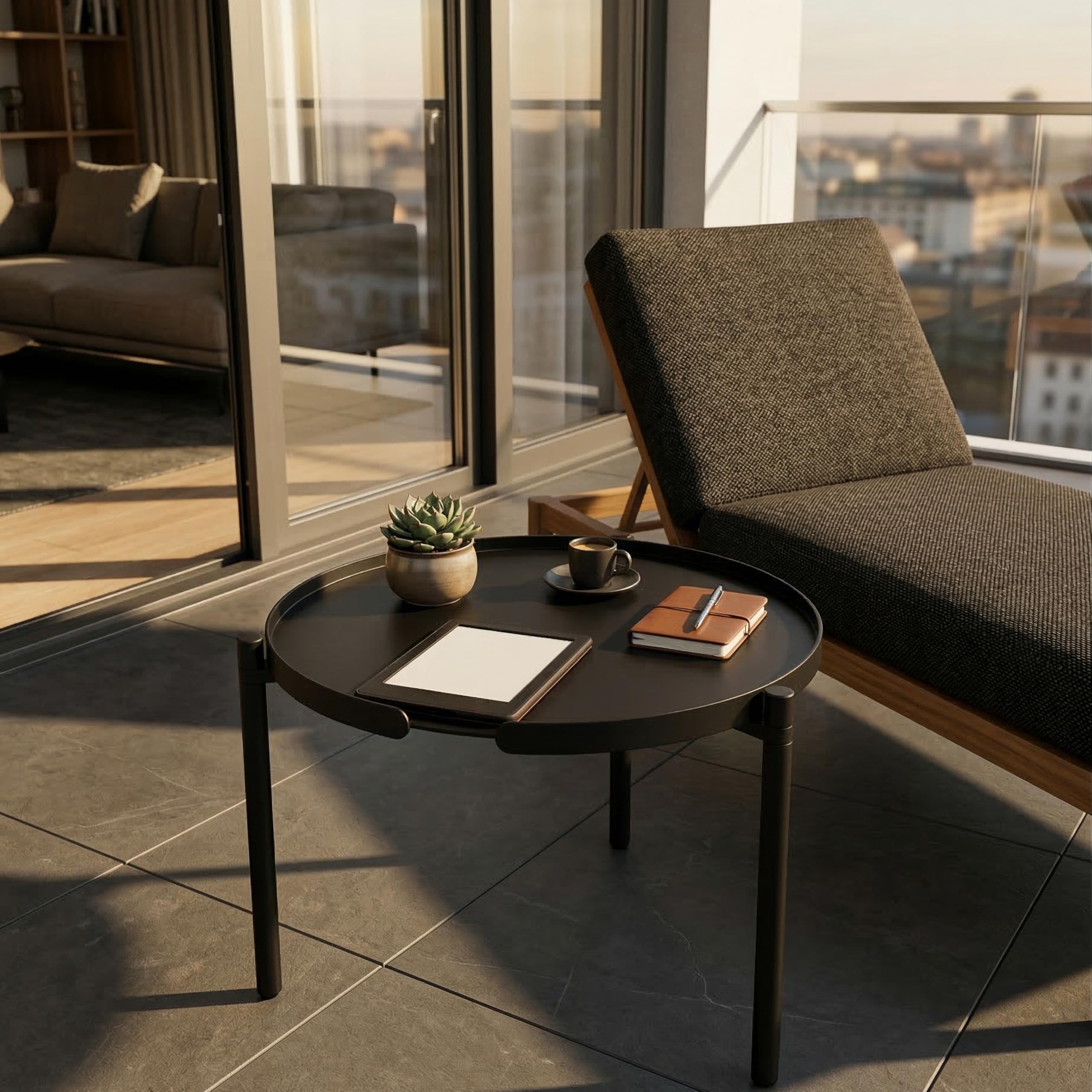 Couchtisch rund höhenverstellbar, pulverbeschichtet, wetterfest & rostfrei – Kaffeetisch für Wohnzimmer, Balkon & Garten aus Aluminium, sorgfältig gefertigt in der EU - ORBIS (Schwarz)