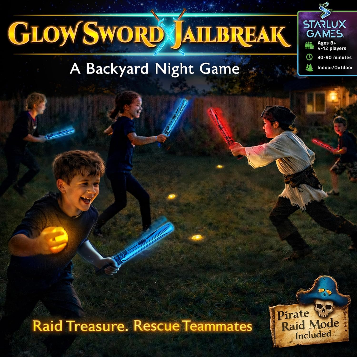 Glow Sword Jailbreak: A Backyard Night Game | 4-12 Players, Ages 8+ | Glow-in-the-Dark | Outdoor Game for Kids 8-12 | Gift for Boys | Group Party Game | Treasure Raid with Foam Swords | Pirate Edition