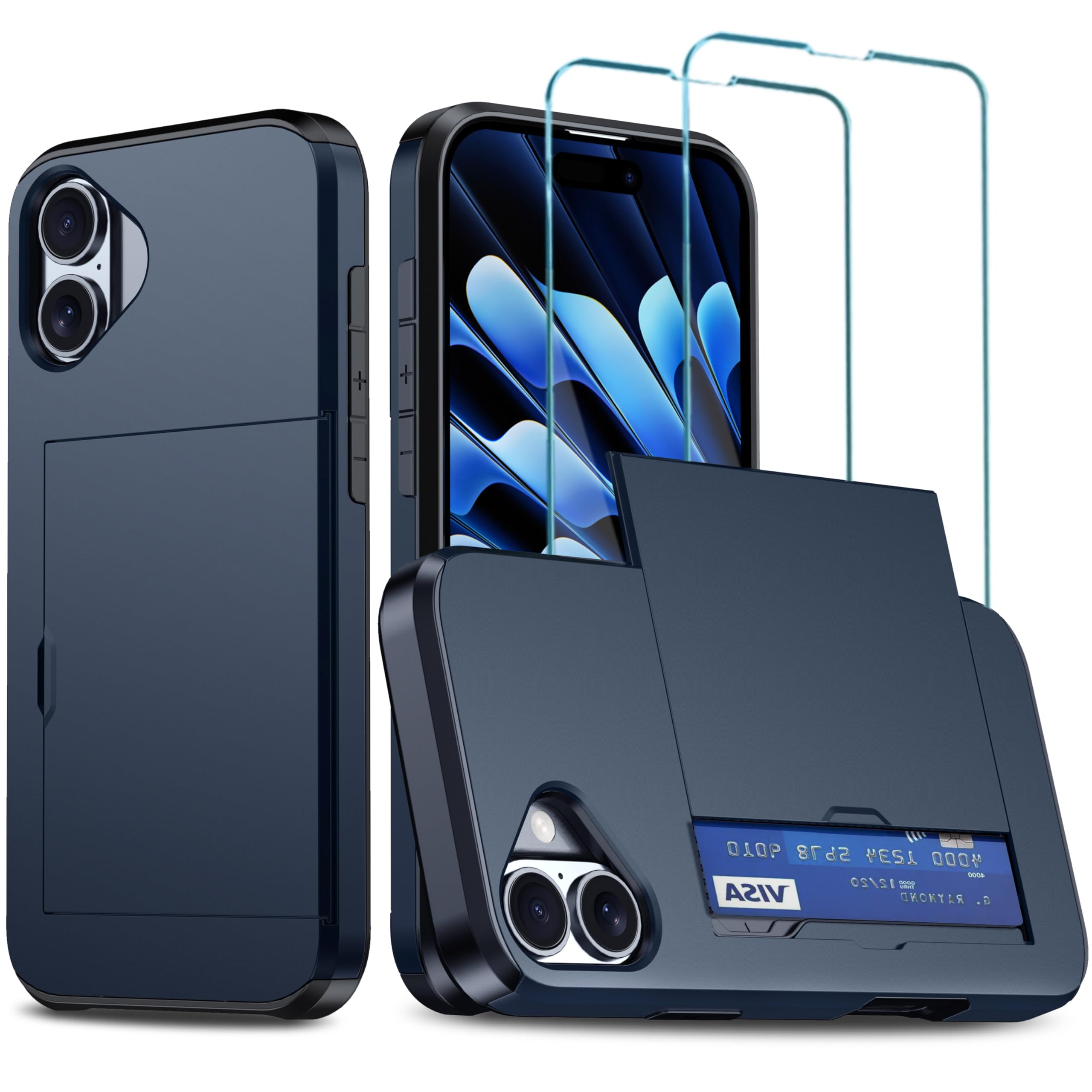 Benbenjaytek for iPhone 16 Plus Wallet Case with Hidden Card Holder +2 Tempered Glass Screen Protectors Heavy Duty Dual Layer Hidden Card Slot Slim