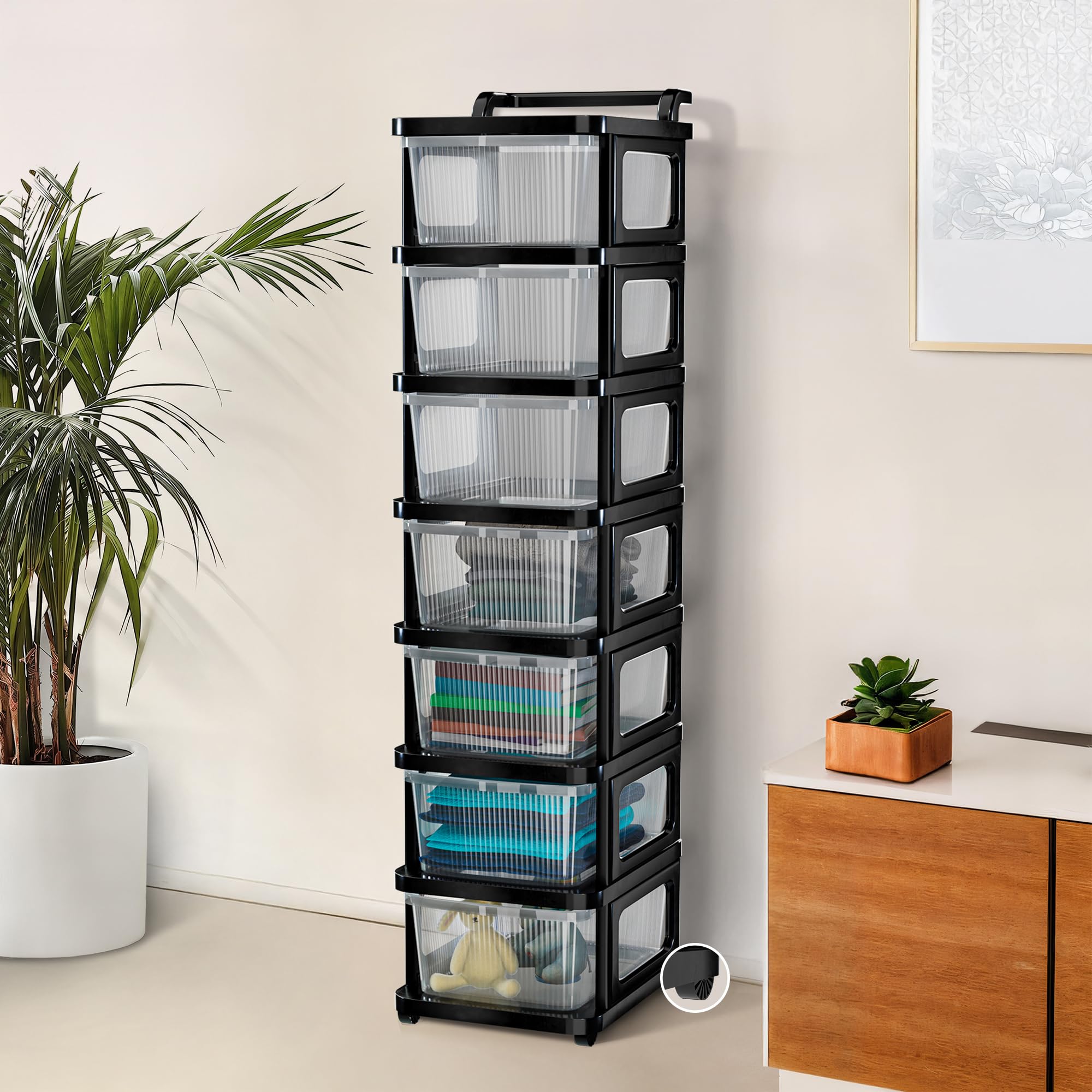 Kuber Industries 7 Layer Heavy Duty Plastic Storage Drawer with Wheels | Modular Cabinet for Bedroom, Office, Home | Chest of Drawers Organiser for Cosmetics, Kitchen items, Toys | Transparent Black