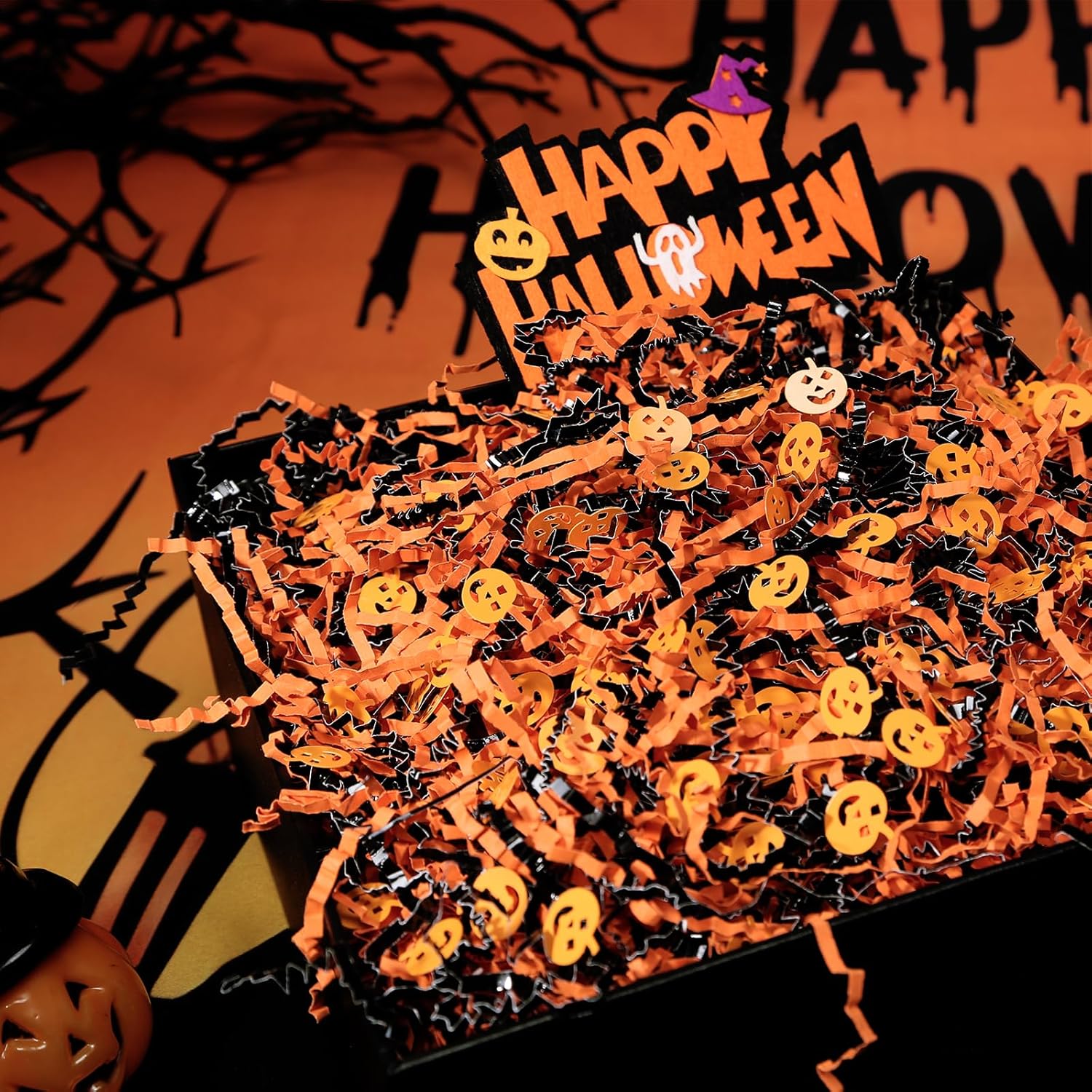 1LB Halloween Metallic Black Orange Crinkle Cut Paper & 13Pcs Halloween Hanging Decoration Paper Lantern Set