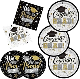Graduation Decorations 2025 Black and Gold Grad Party Supplies with Disposable Dinner Plates, Dessert Plates and Napkins for 48 Guests - Graduation Party Decorations