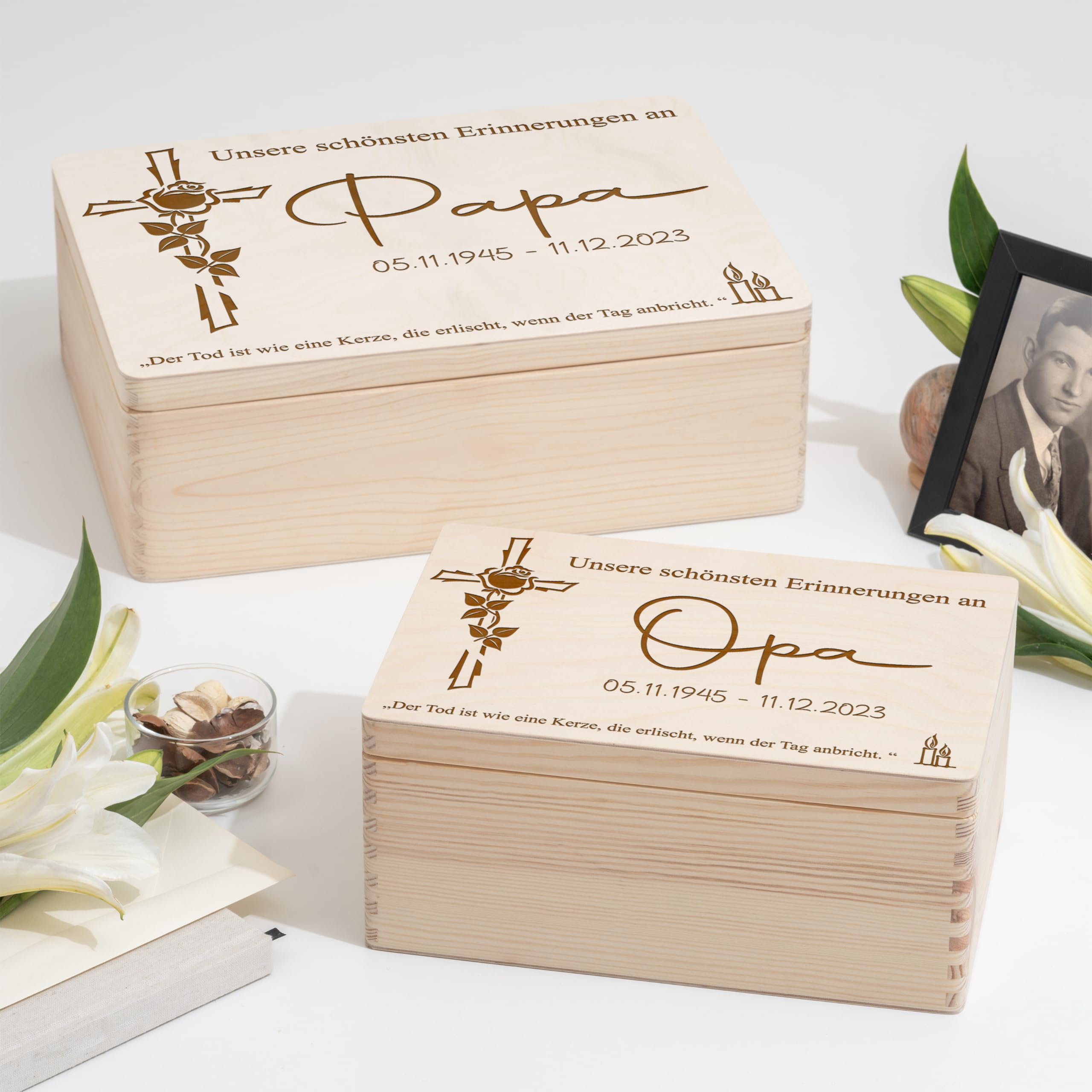 Personalisierte Erinnerungskiste aus Holz Erinnerungsbox Trauerkiste Trauerbox für Erinnerungen an verstorbene Andenken an Oma, Opa, Papa, Mama Holzbox Kiste Box Trauern Trauerbewältigung