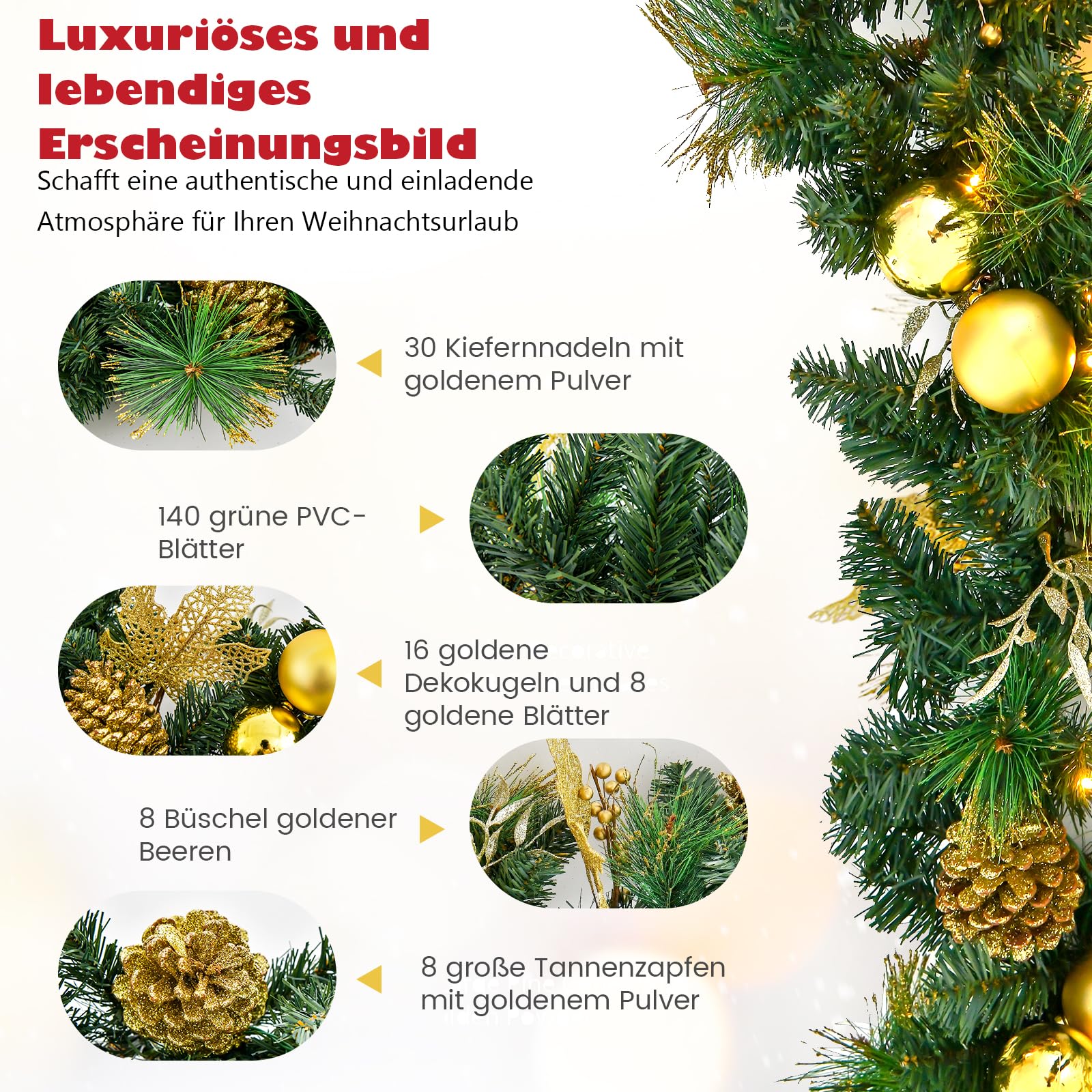 COSTWAY 270cm Weihnachtsgirlande mit Beleuchtung, 50 LEDs warmweiß, künstliche Tannengirlande mit Tannenzapfen & goldenen Kugeln, Tür Kamine Treppe Innen Außen, beleuchtete Weihnachtsdeko, Grün
