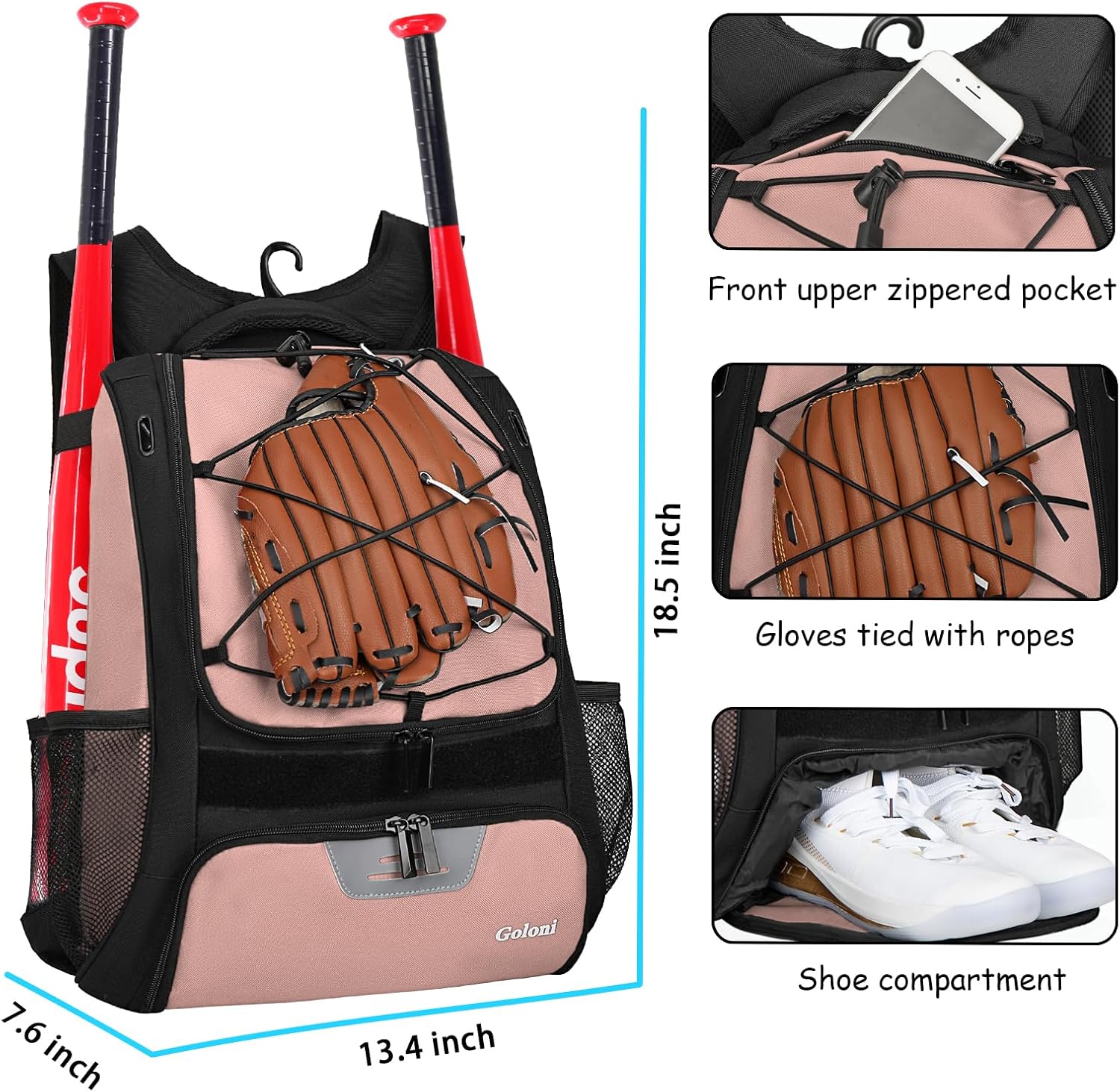 Goloni | Baseball Backpack,Baseball Bag for Adult,Softball Bat Bag with Shoes Compartment,Large Main Compartment for Helmet & accessories, Fence Hook