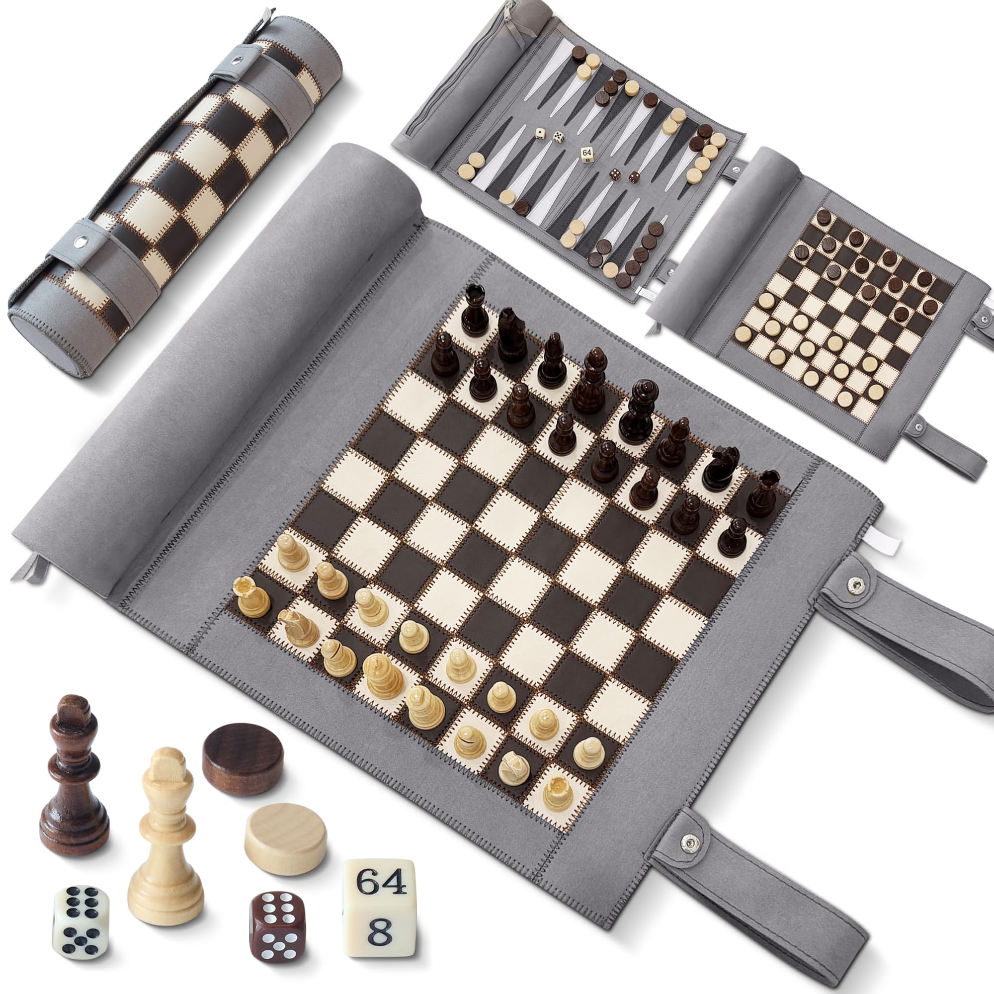 Woodronic Set di backgammon a scacchi magnetici 3 in 1, gioco di scacchi magnetico per adulti, gioco da tavolo arrotolabile in pelle scamosciata portatile per esterni, set di giochi di strategia