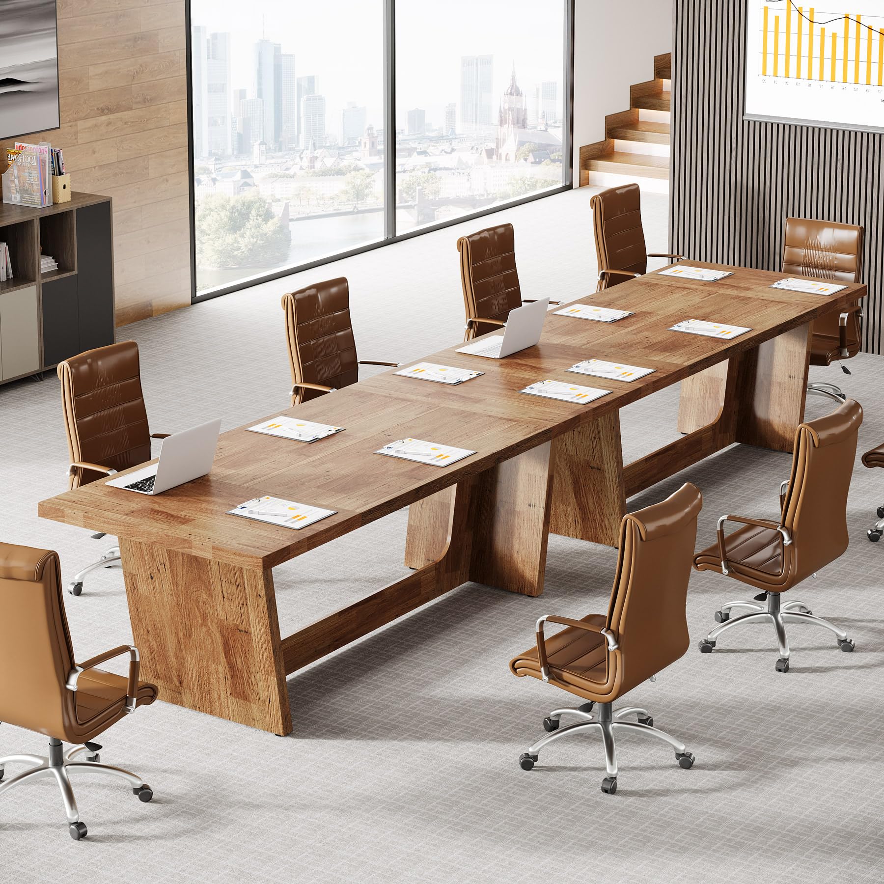 (INCOMPLETE ONLY BOX2/2)12FT Conference Table, Modern Meeting Seminar Table for 12-14 Person, Rectangular Solid Executive Business Furniture Boardroom Desk for Office (Set of 2, Light Brown)