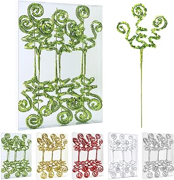 6PC Set Green Christmas Decoration Picks,Sequins Candy Shape Curly Pick, Christmas Tree Decorations Home Office Party Decorations Gifts