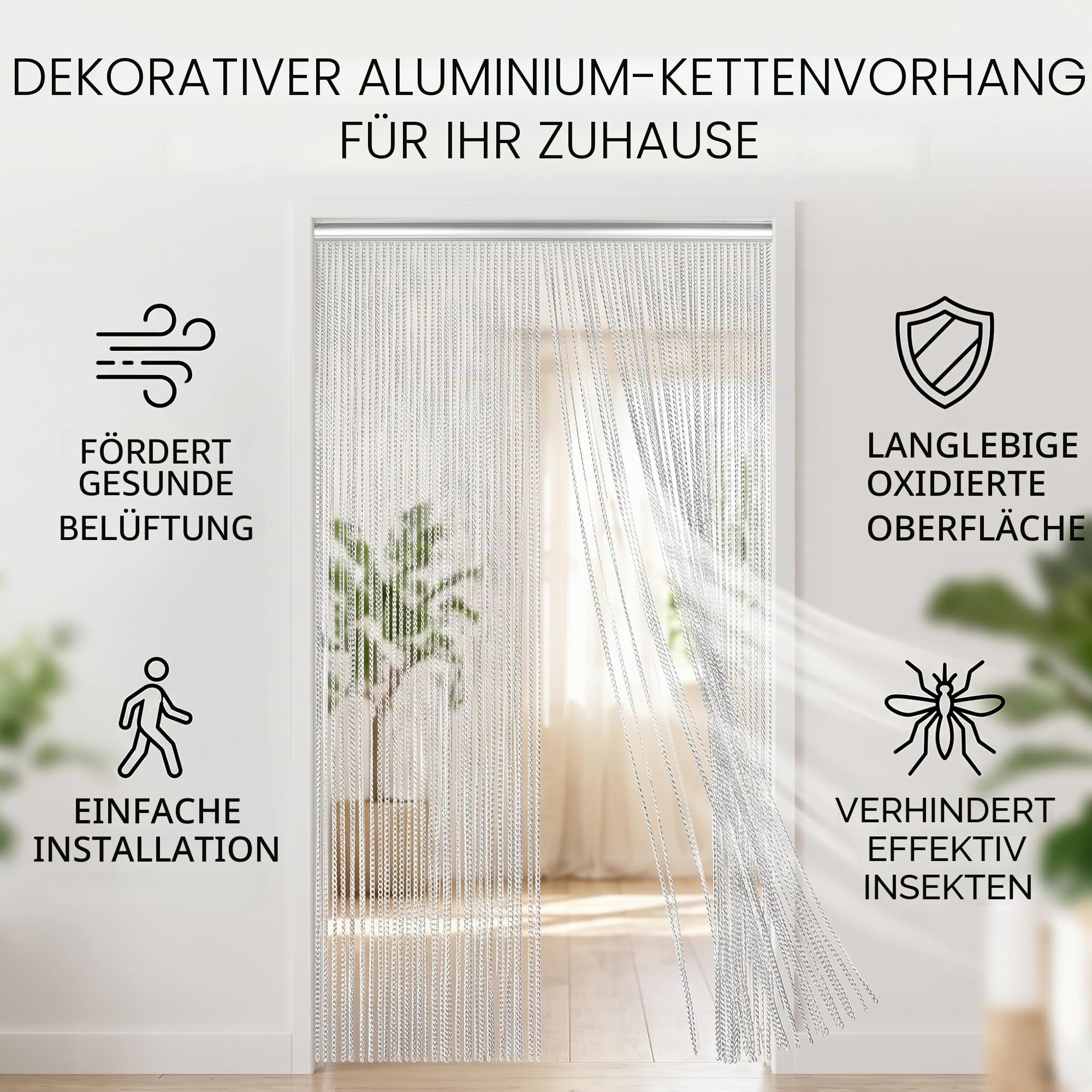 Kettenvorhang für Zimmer, Büro, Geschäft, Dekoration – Silberner Aluminium-Kettenvorhang – Verhindert Insekten und Mücken – Sorgt für Luftzirkulation – Geeignet für Schlafzimmer,
