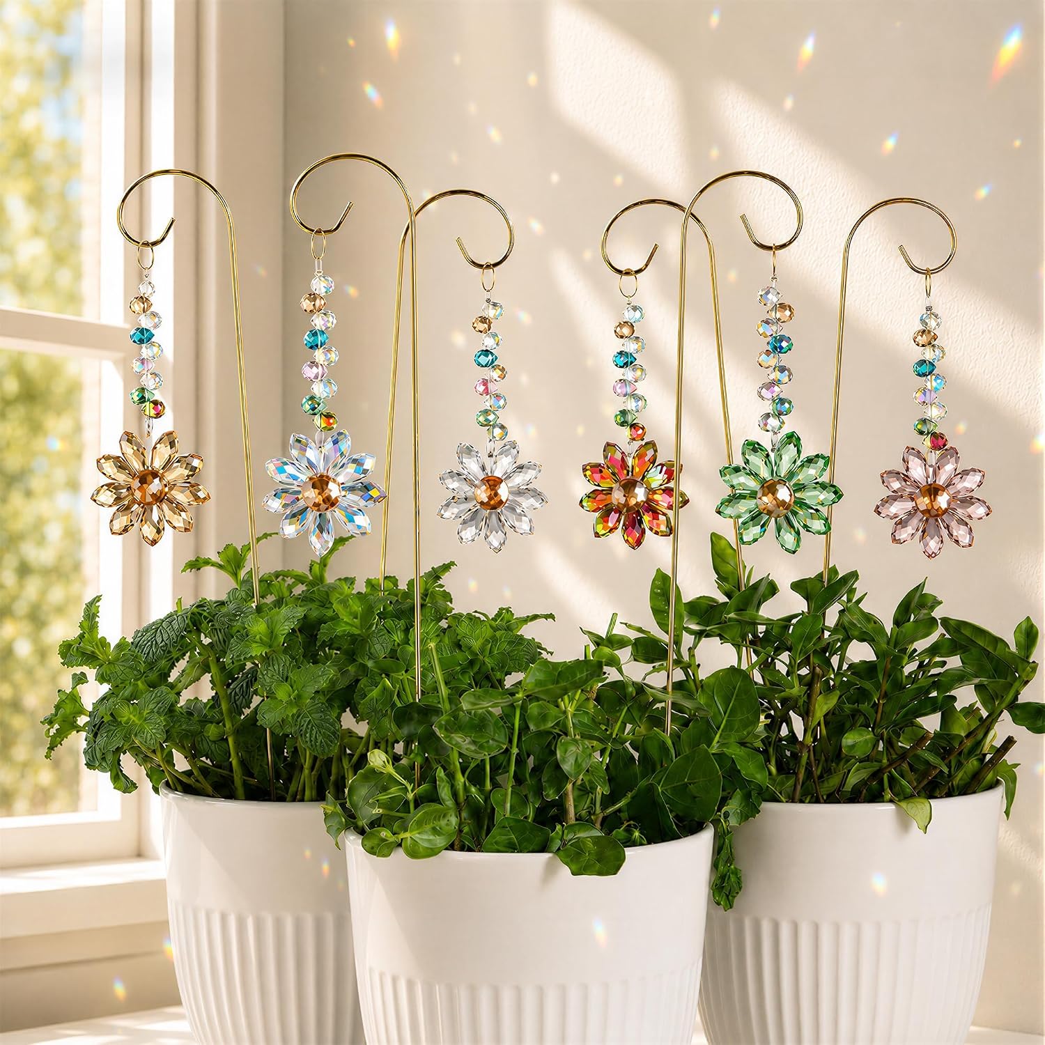 6 Pcs Colorful Crystal Sunflower Suncatcher Garden Stake with Trellis Decor