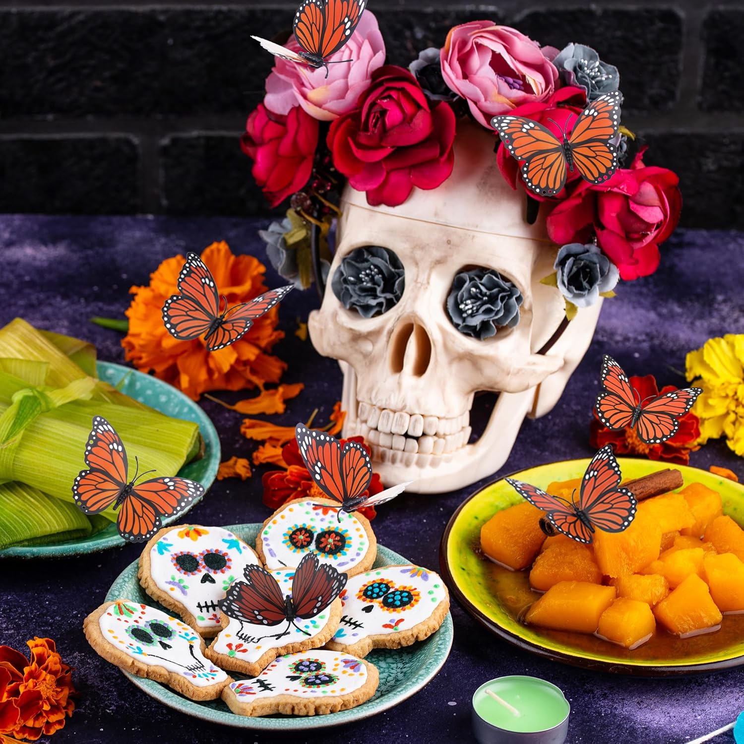 Monarch Butterfly Decorations, dia de los muertos Decorations, 3 Sizes 3D Day of the Dead Artificial Monarch Butterflies Decor Halloween Butterfly Wall Decal for Craft Home Wedding Thanksgiving, 12Pcs