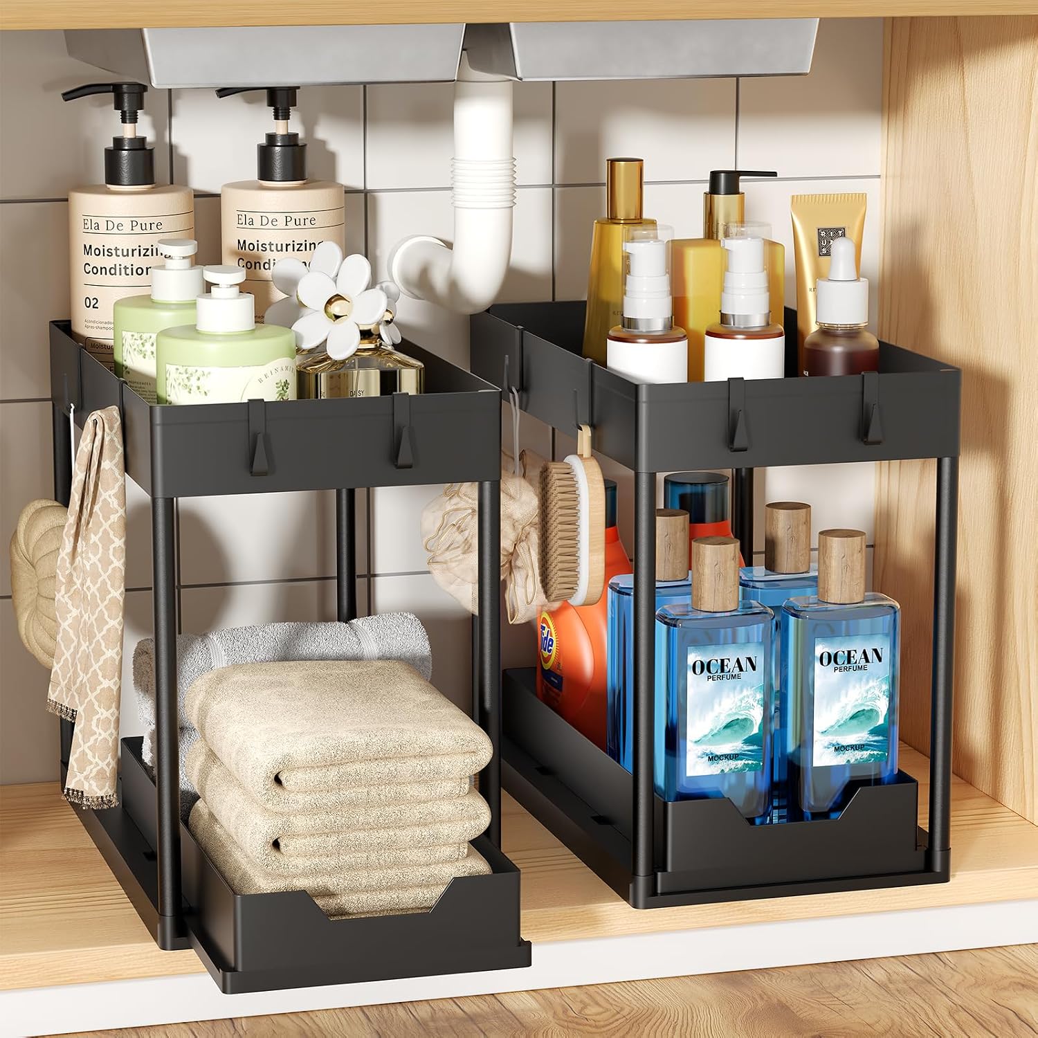  2 Pack 2-Tier Under Sink Organizers with Sliding Drawer, Black | 2 Pack 2-Tier Under Sink Organizers | Sliding Drawer | Sturdy Metal Frame | Tool-Free Assembly | Space Saving | Black