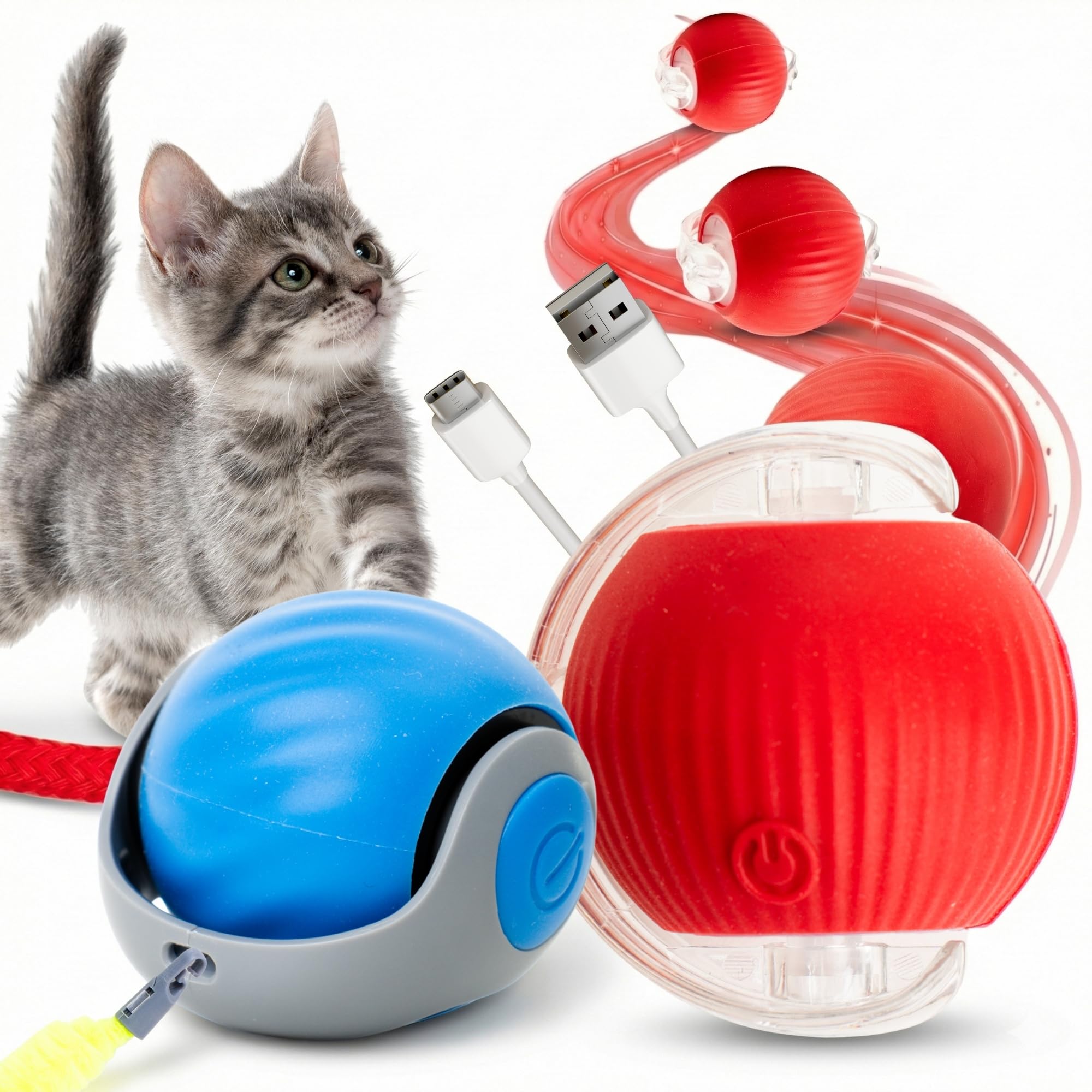 PIMEDA Pack 2 Pelotas interactivas para Gatos y Otras pequeñas Mascotas. Distintos Movimientos. Recarga USB con Cable Incluido. Cat Toy Ball. Rolling Ball