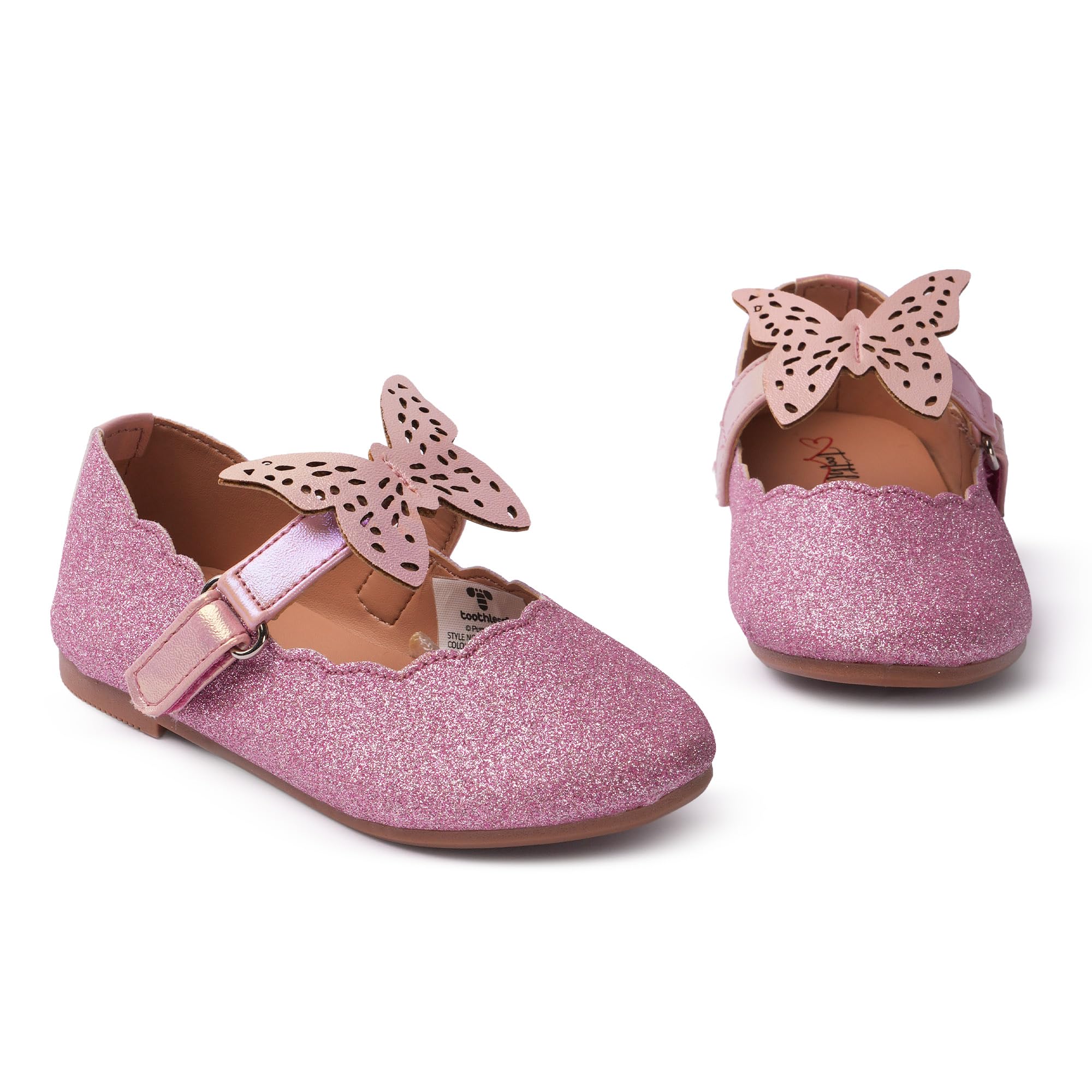 toothless Kids Girls Glitter Ballet Flats | Butterfly Embellished Belly Flats | Comfortable Footwear for Festive Occasions, Weddings & Dressy Events