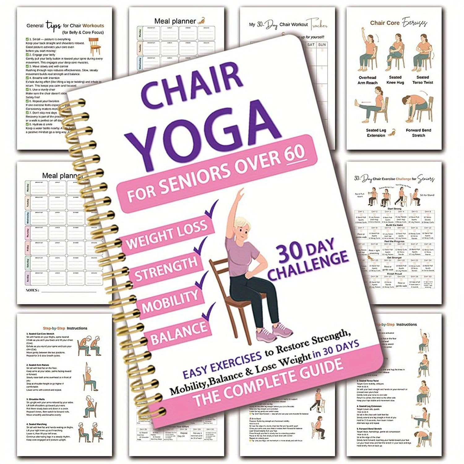 Chair Yoga Book for Seniors 60+ 30-Day Exercise Plan Pink Spiral Bound | Low-intensity yoga with 40+ poses improves strength, balance and mobility, large print spiral book for seniors