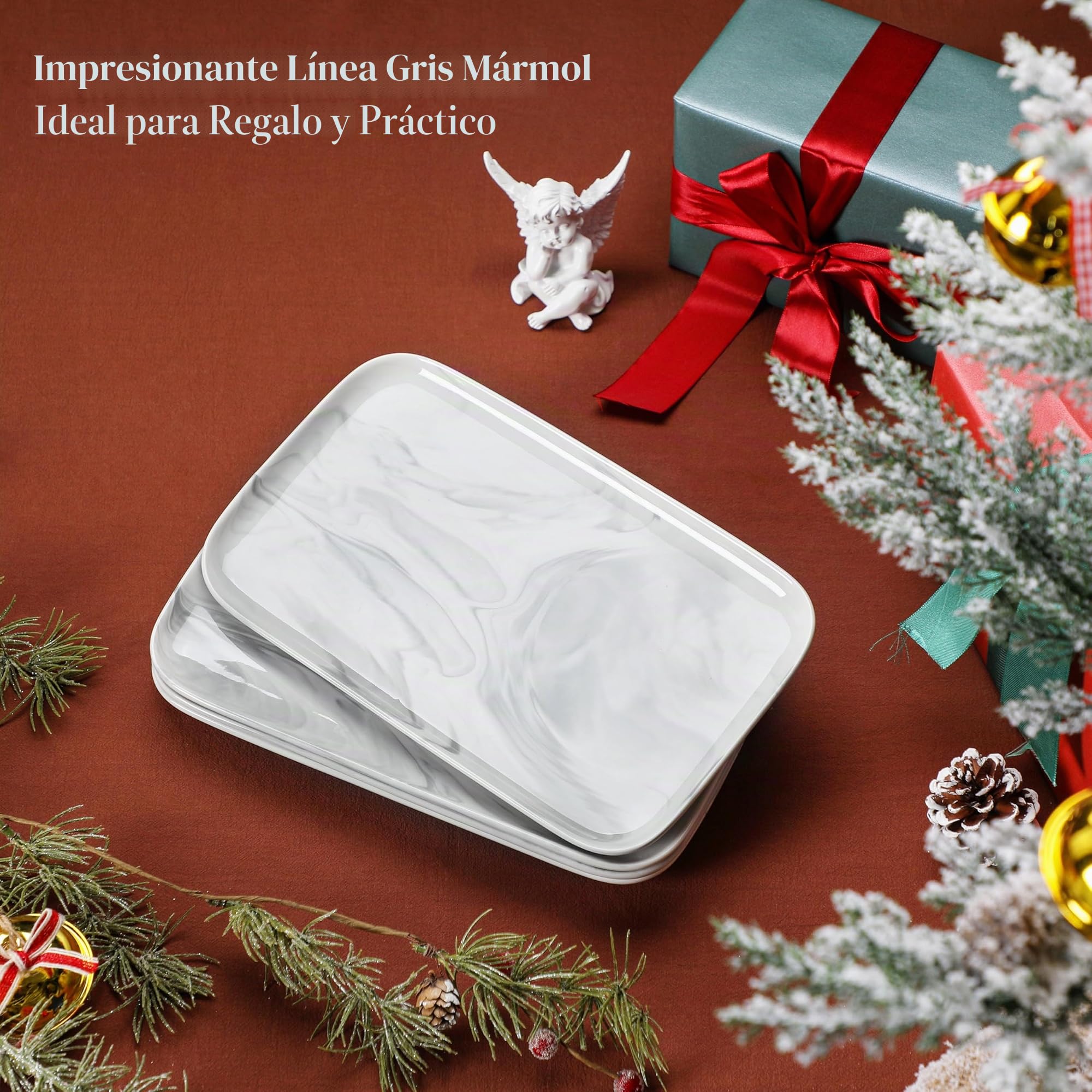 MALACASA Bandeja de Servir de Porcelana, Juego de 4 Piezas, Bandeja Rectangular Grande para Buffet, Sushi, Tartas, Aperitivos En Casa/Restaurante, 30 X 18 Cm, Color Gris Mármol…