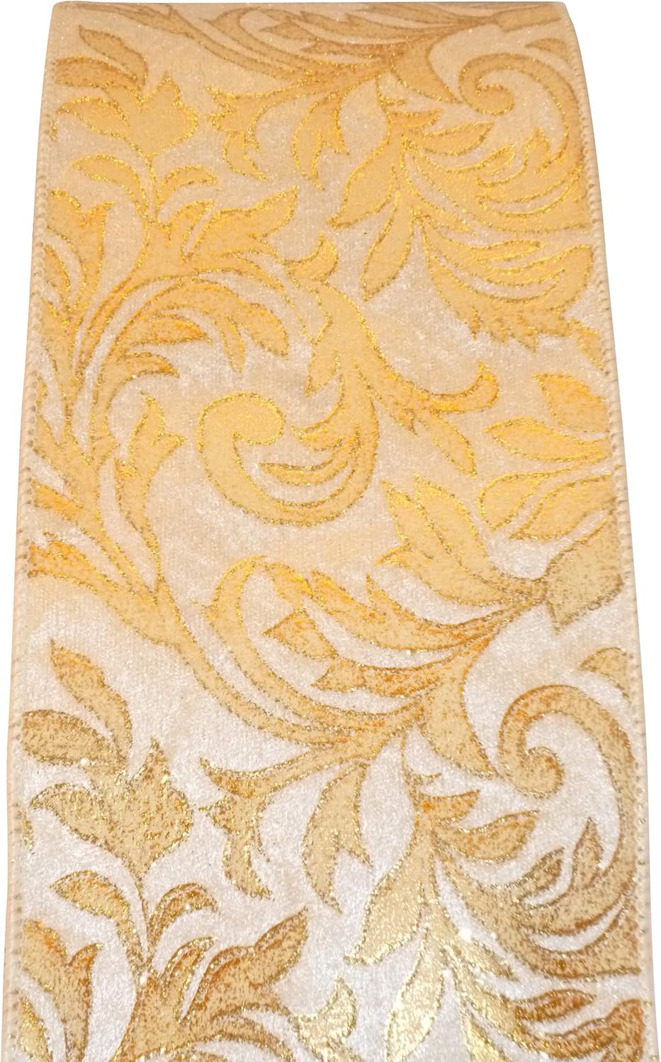 Reliant Ribbon Velvet Florence Wired Edge Ribbon, 4 Inch X 5 Yards, White/Gold
