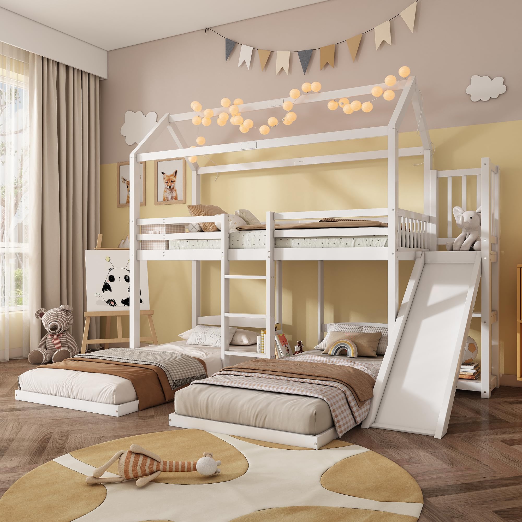 Letto a Castello 90 x 200 cm, Letto a Castello con Scivolo e 3 Posti Letto, per Ragazzi e Bambini (senza Materasso)