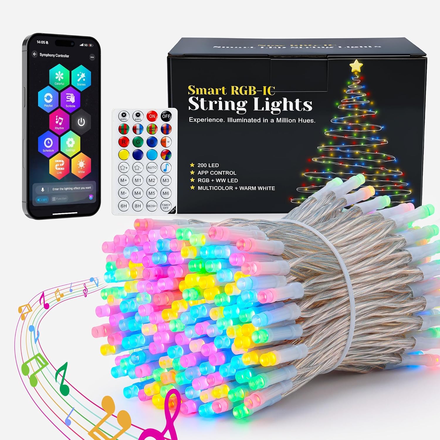 Smart String Lights 300 LED, Color Changing APP & Remote Controlled Fairy Lights, Music Sync Long Decorative Christmas Lights for Bedroom, Wall, Window, Party & Room Decor