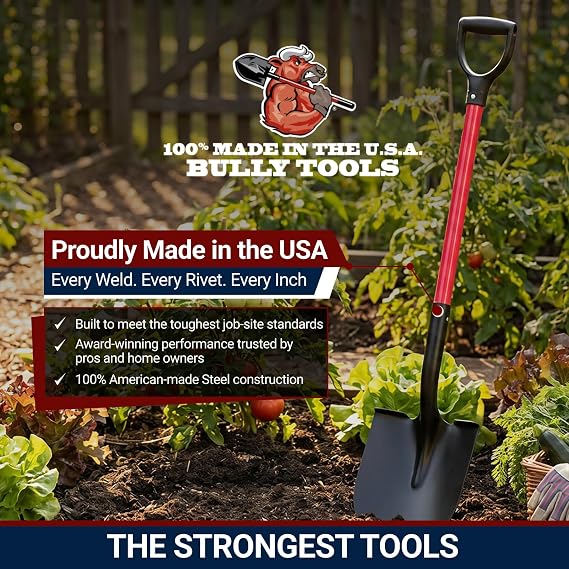Bully Tools 14-Gauge Round Point Spade Shovel, Metal Body, D-Grip Handle | Heavy Duty Fiberglass Handle, Digging Shovel for Landscaping, Trenching and Planting, Useful Gardening Tool, 100% Made in USA