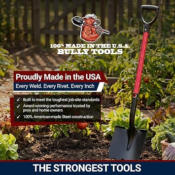 Bully Tools 14-Gauge Round Point Spade Shovel, Metal Body, D-Grip Handle | Heavy Duty Fiberglass Handle, Digging Shovel for Landscaping, Trenching and Planting, Useful Gardening Tool, 100% Made in USA