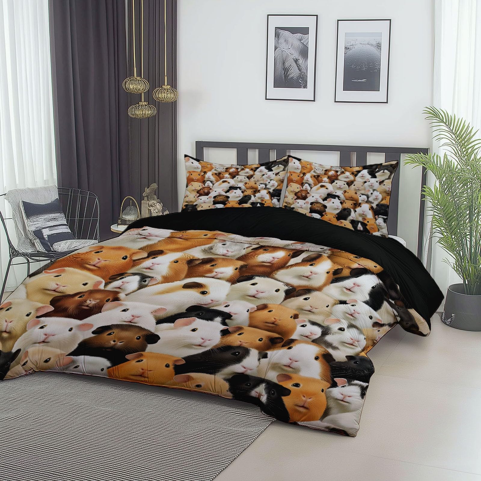 Poszwa na kołdrę ze zwierzęciem świnka morska wzór 240x260 cm Dwustronny zestaw pościeli z nadrukiem z 2 poszewkami na poduszki Czarny Zestaw pościeli z mikrofibry na 4 pory roku