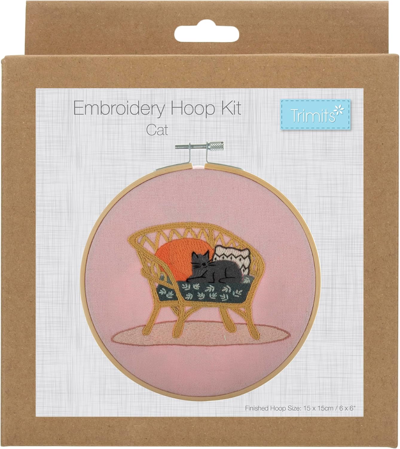Trimits Embroidery Hoop Kits - 15cm 6” Beginner Starter Set, Includes Bamboo Hoop Threads Cloth Needle Backing & Instructions, Cat