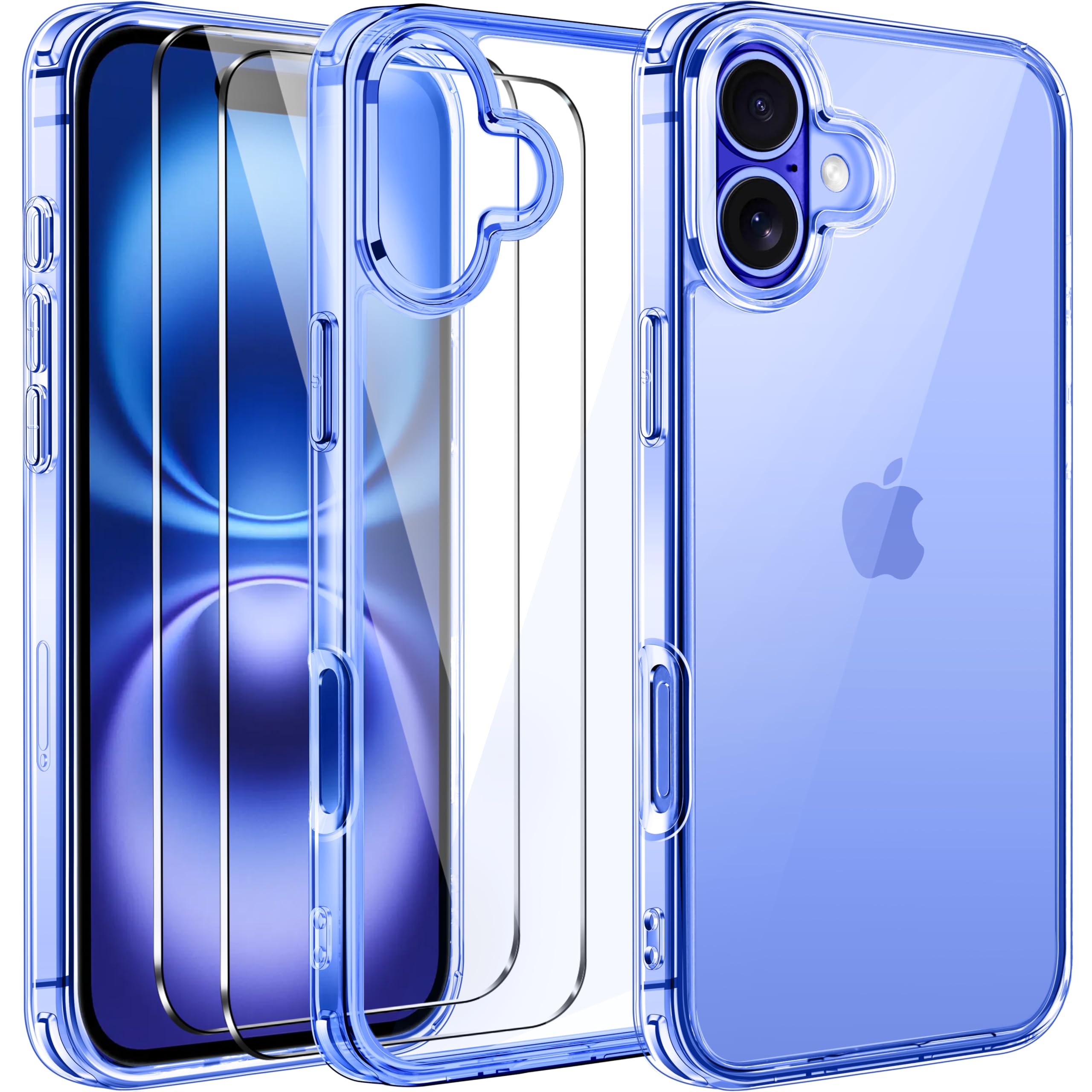 iVoler Anti Ingiallimento Chiaro Cover per iPhone 16 con 2 Pezzi Pellicola Vetro Temperato e Cornice di Installazione, [Antiurto di Grado Militare] Custodia Trasparente Sottile Case-Blu