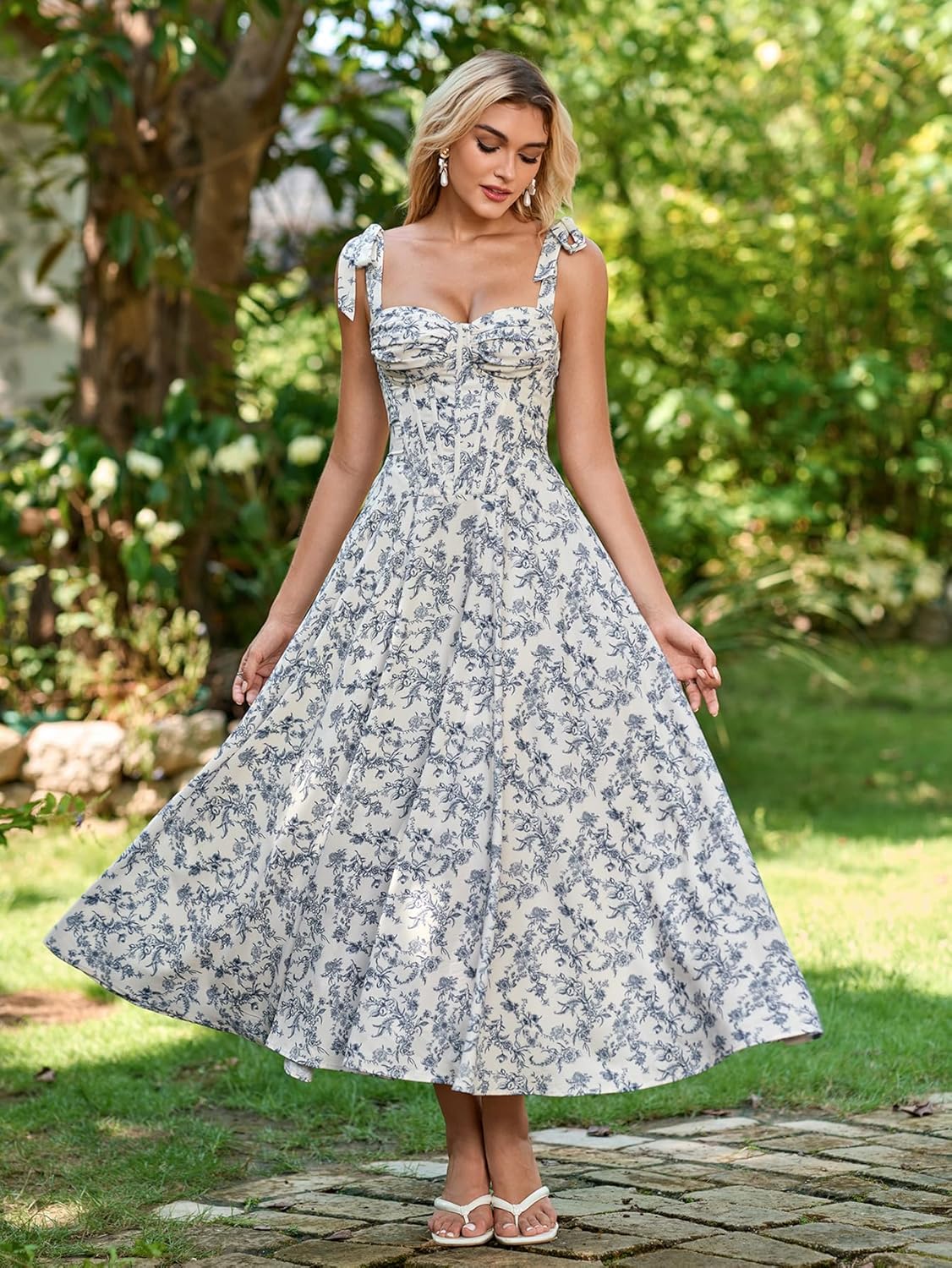 Parthea Summer Floral Corset Midi Dress A Line Tie Bow Straps Wedding Guest Dresses for Women - Image 3