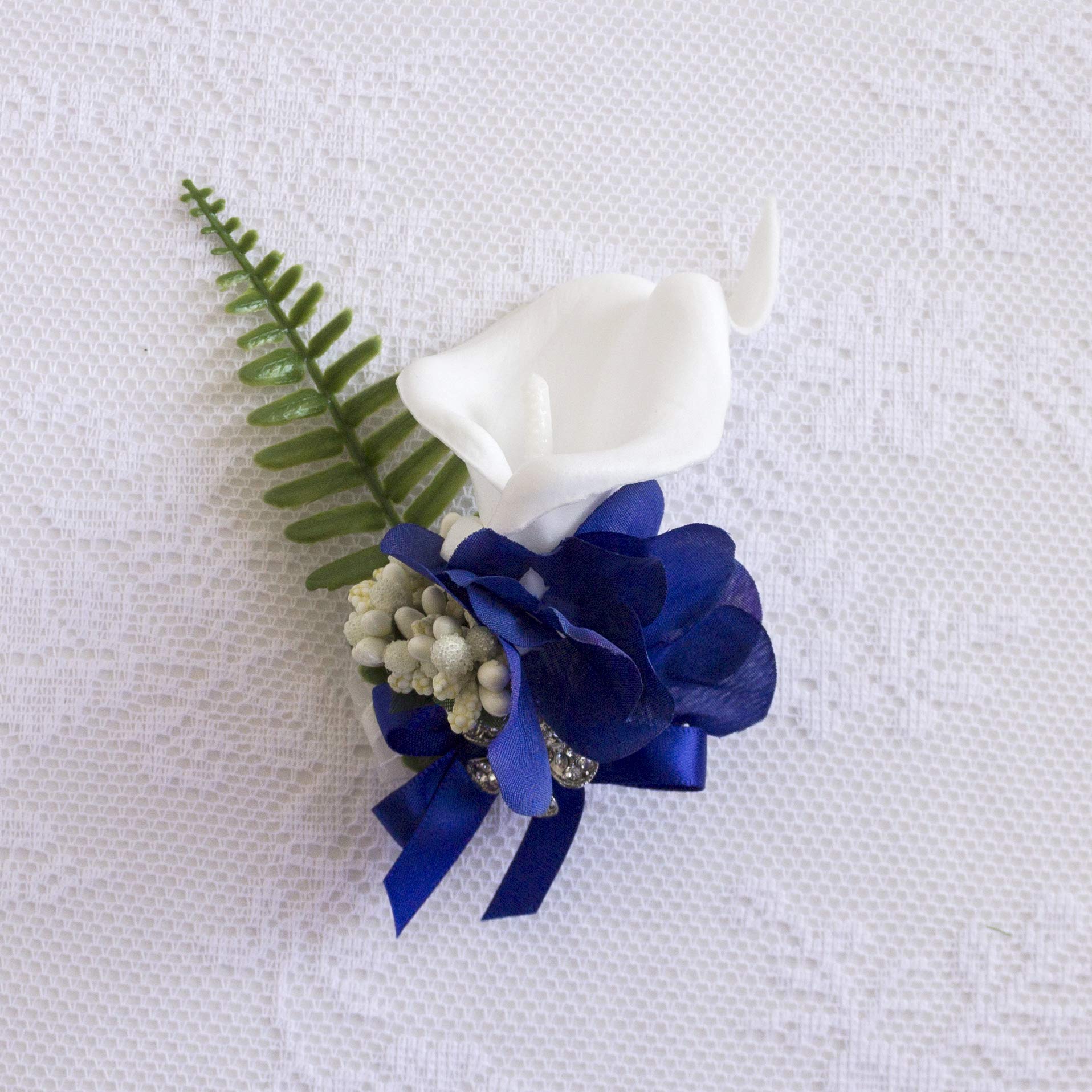 Abbie Home White Calla Lily and Rose Cascading Bride Bouquet Waterfall Wedding Flower - Lily Rhinestone Jewelry Brooches and Satin Ribbon Décor (Royal Blue Boutonniere)
