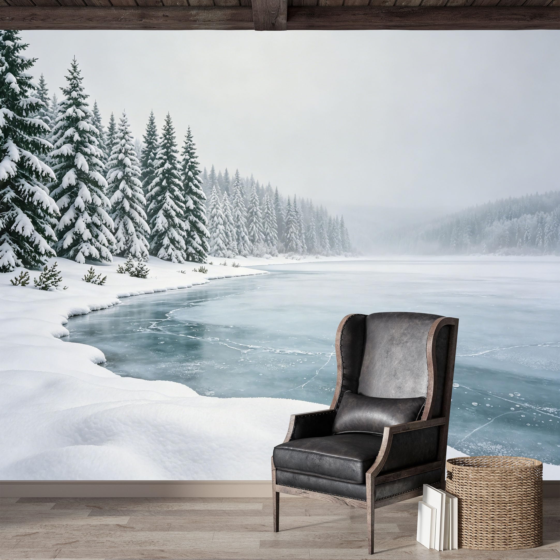Custom Size Wall Mural,Winter Forest Lake Panoramic Landscape Premium Water Activated SelfAdhesive Wallpaper,Removable Wall Covering,Easy DIY Install Wall Art for Indoor Home Decor