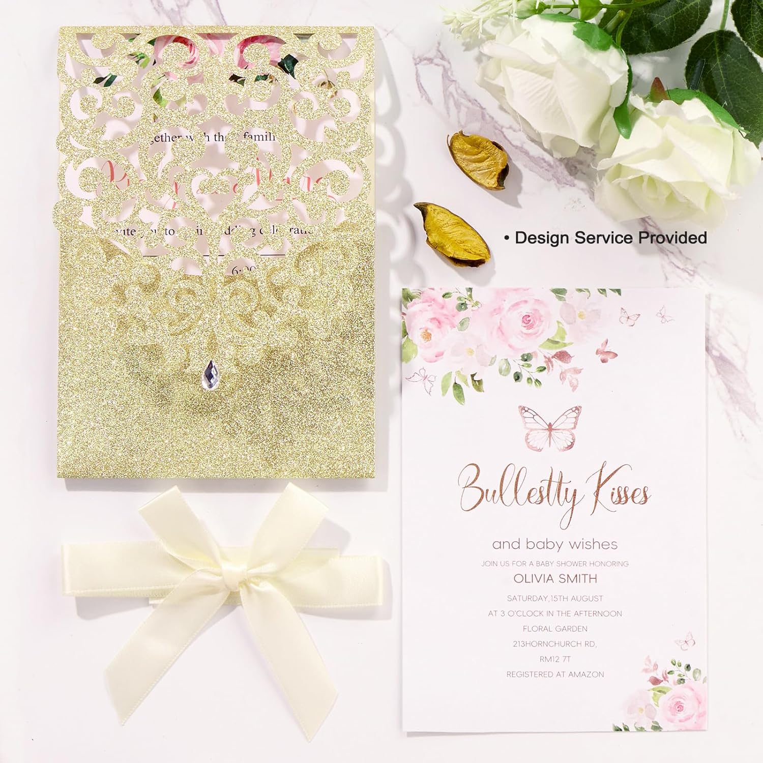 Gold Glitter Wedding Invitation 50PCS, Laser Cut Invitations with Envelopes and RSVP Cards Blank Inner Sheets for Wedding Quinceanera Bridal Shower Engagement Party