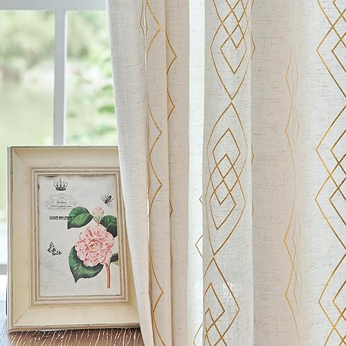 Panel texturizado de lino dorado para dormitorio, cortinas bohemias geométricas metálicas para sala de estar, 84 pulgadas de largo, cortinas