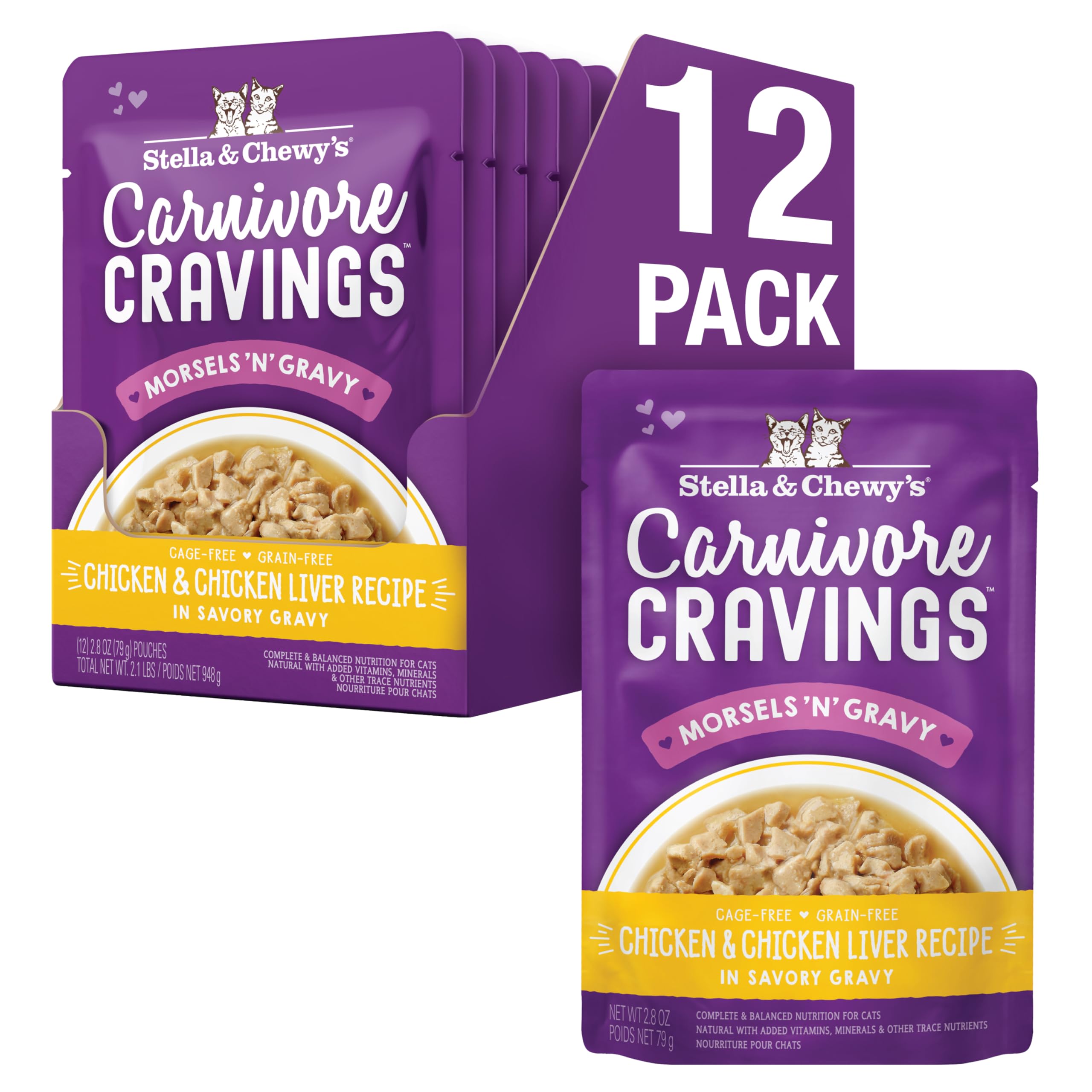 Stella & Chewy's Carnivore Cravings Wet Cat Food Pouches - Premium Chicken & Chicken Liver Recipe - Grain-Free Morsels & Gravy - Perfect for Picky