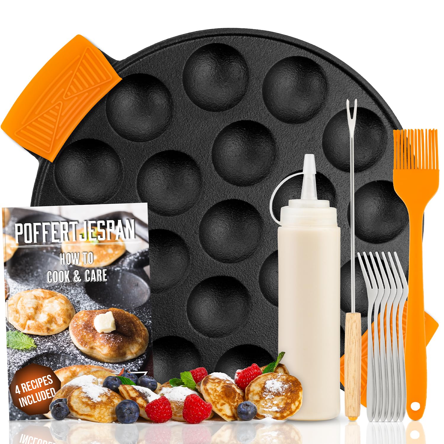 IRONO Padella per Poffertjes in Ghisa - Padella Pancake - 19 Mini Pancakes - Piastra Crepes - Incl. Pennello per il Burro, Forchetta, Bottiglia per la Pastella