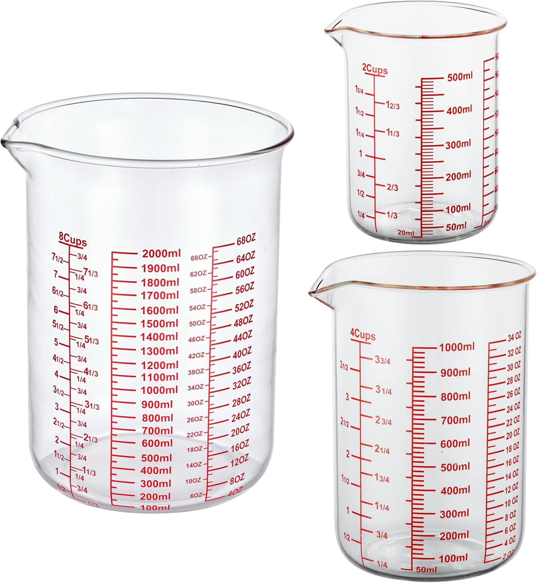 3 Piece Glass Measuring Cup Set, Includes 2-Cup, 4-Cup, and 8-Cup High Borosilicate Glasss Liquid Measuring Cups, Dishwasher, Freezer, Microwave, and Preheated Oven Safe, Essential Kitchen Tools