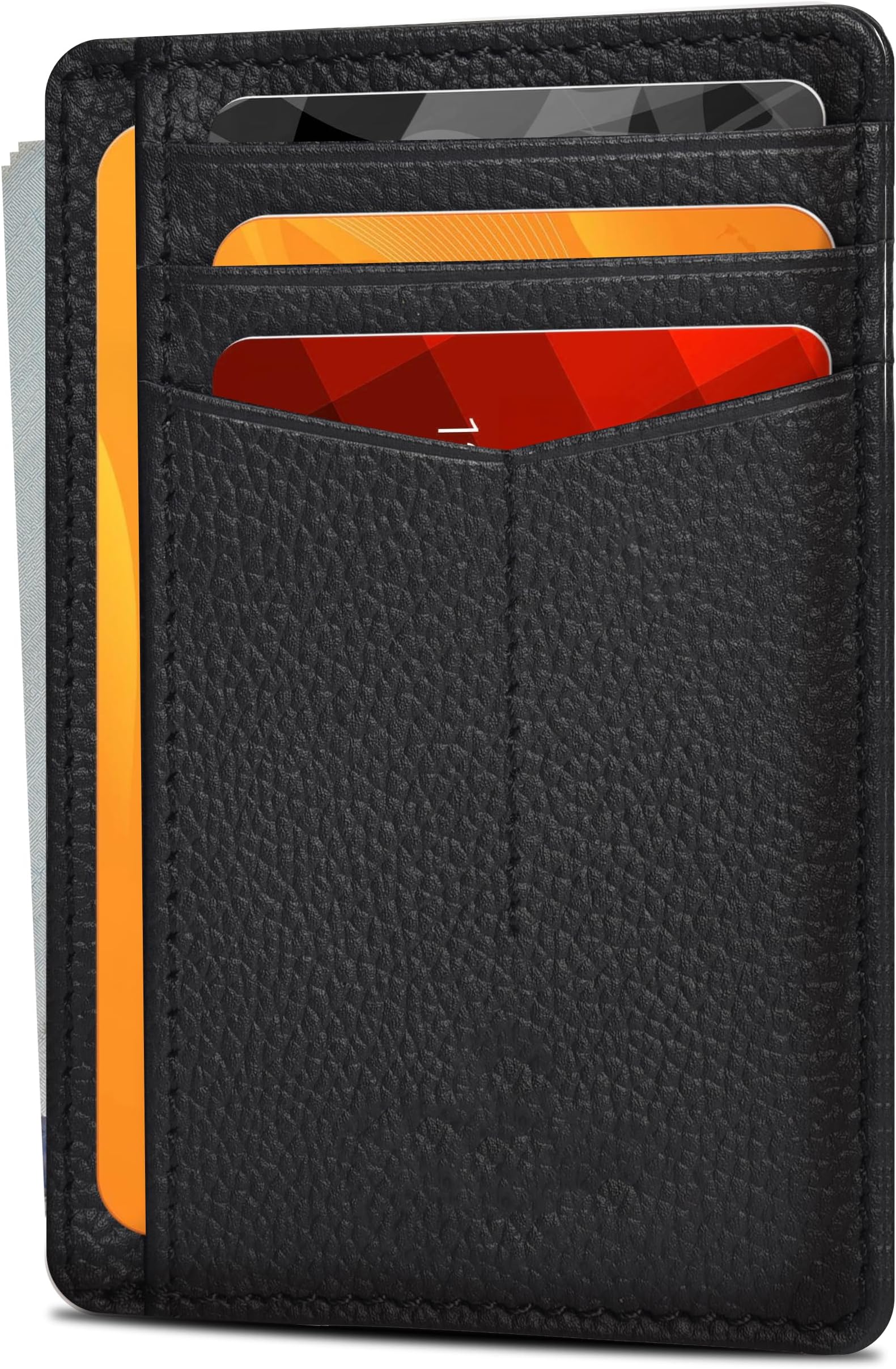 Leather Slim Minimalist Wallet for Men & Women RFID Front Pocket Leather Card Holder Wallets (Jet Black)